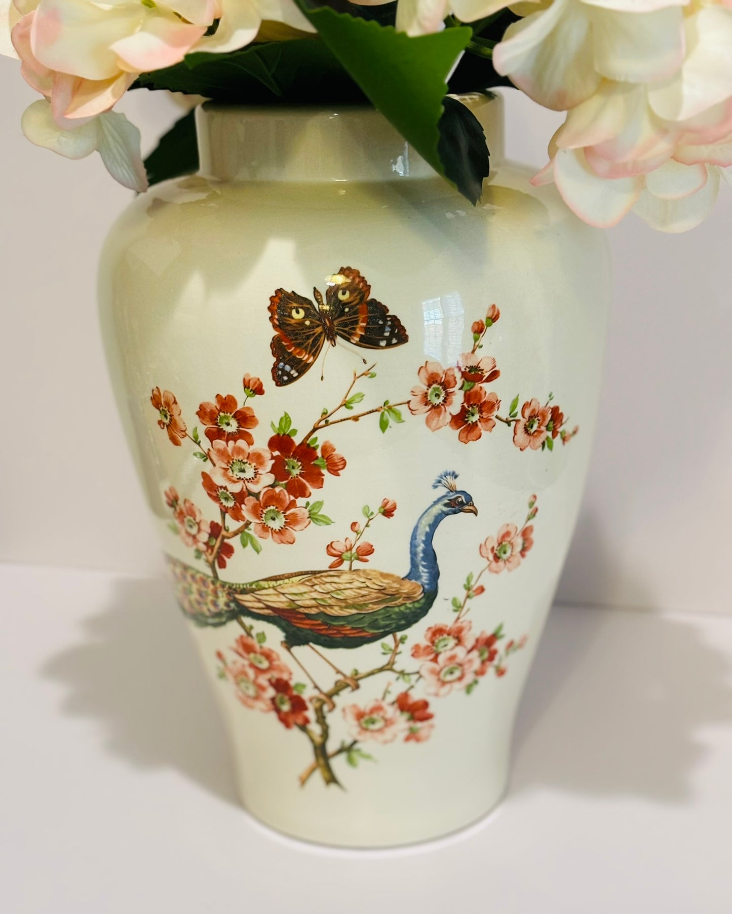 XL Butterfly Peacock Glazed White Vase with Pink Flowers 11 x 7