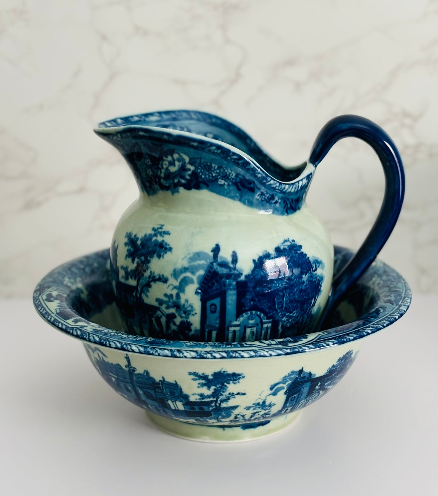 Victoria Ware Blue and White Pitcher and Basin 9 h x 10 w, 12.25 w x 4.5 high