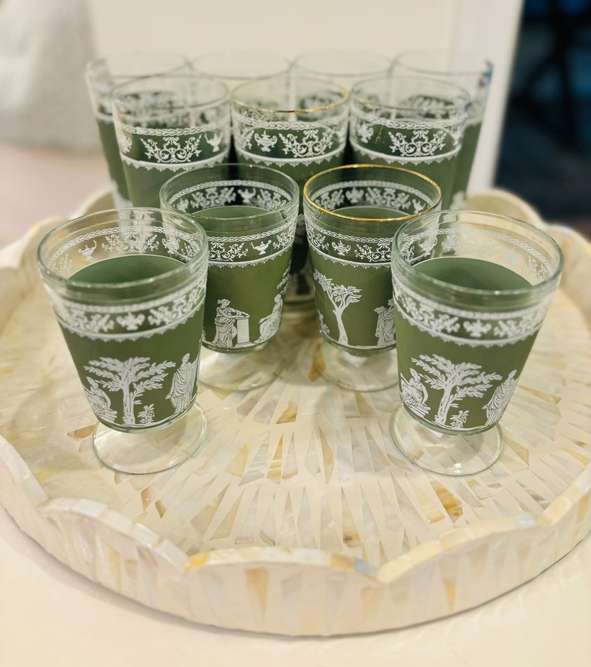 Green Jeannette Wedgwood Jasperware Drink Set 4 short and 7 tall