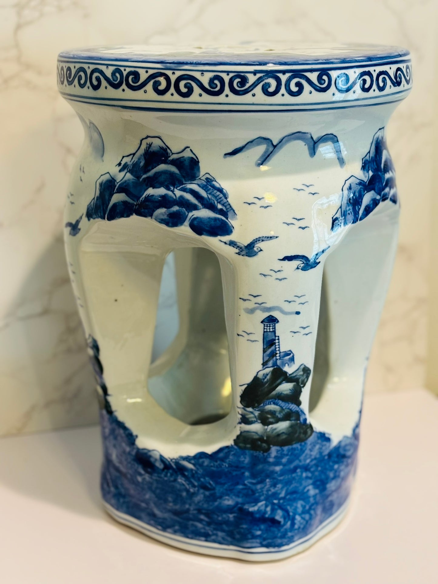 Blue and White Chinoiserie Garden Stool 11 w x 15.75 h