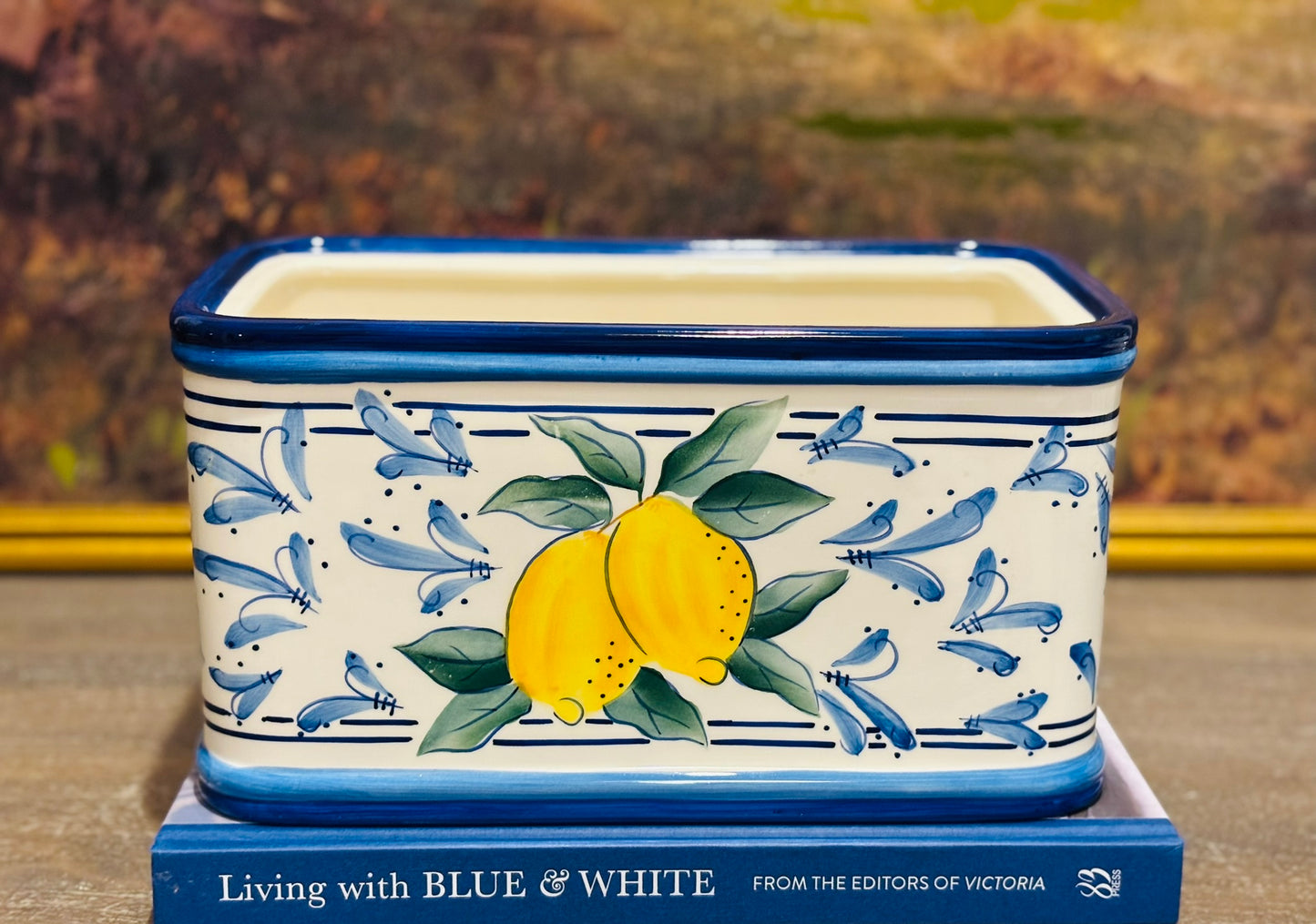 Blue and Lemon rectangle planter 11 x 6 w x 6 h