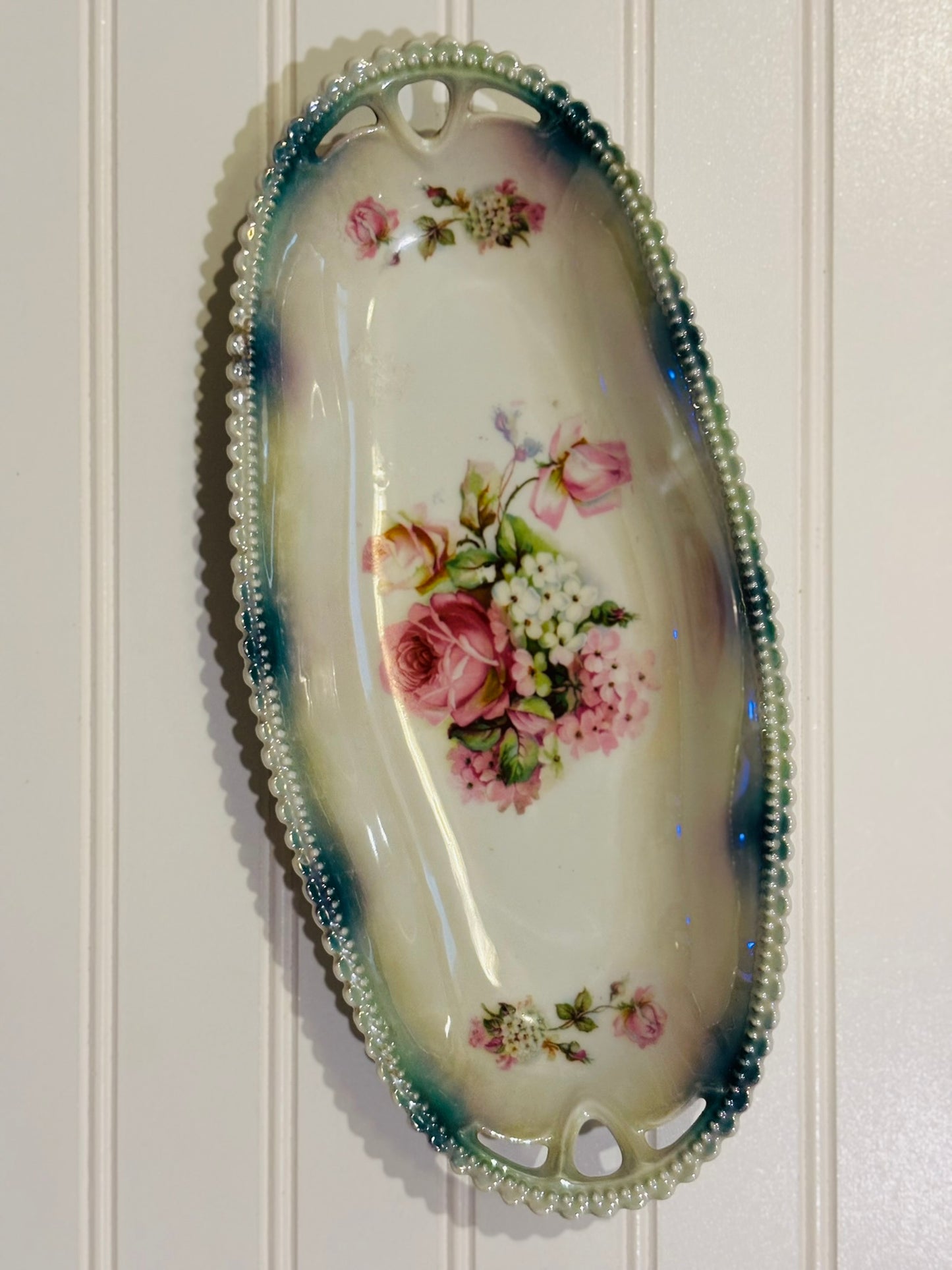 Siligia oval green and pink floral dish 12.25 x 5.5 x 1.75