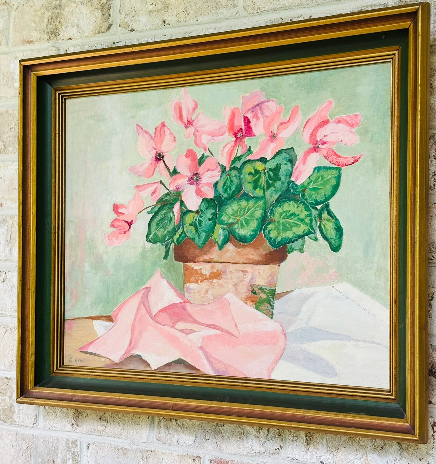 Original Framed Oil Painting of Pink Cyclamen Flowers signed G. His 19.5 x 23.5
