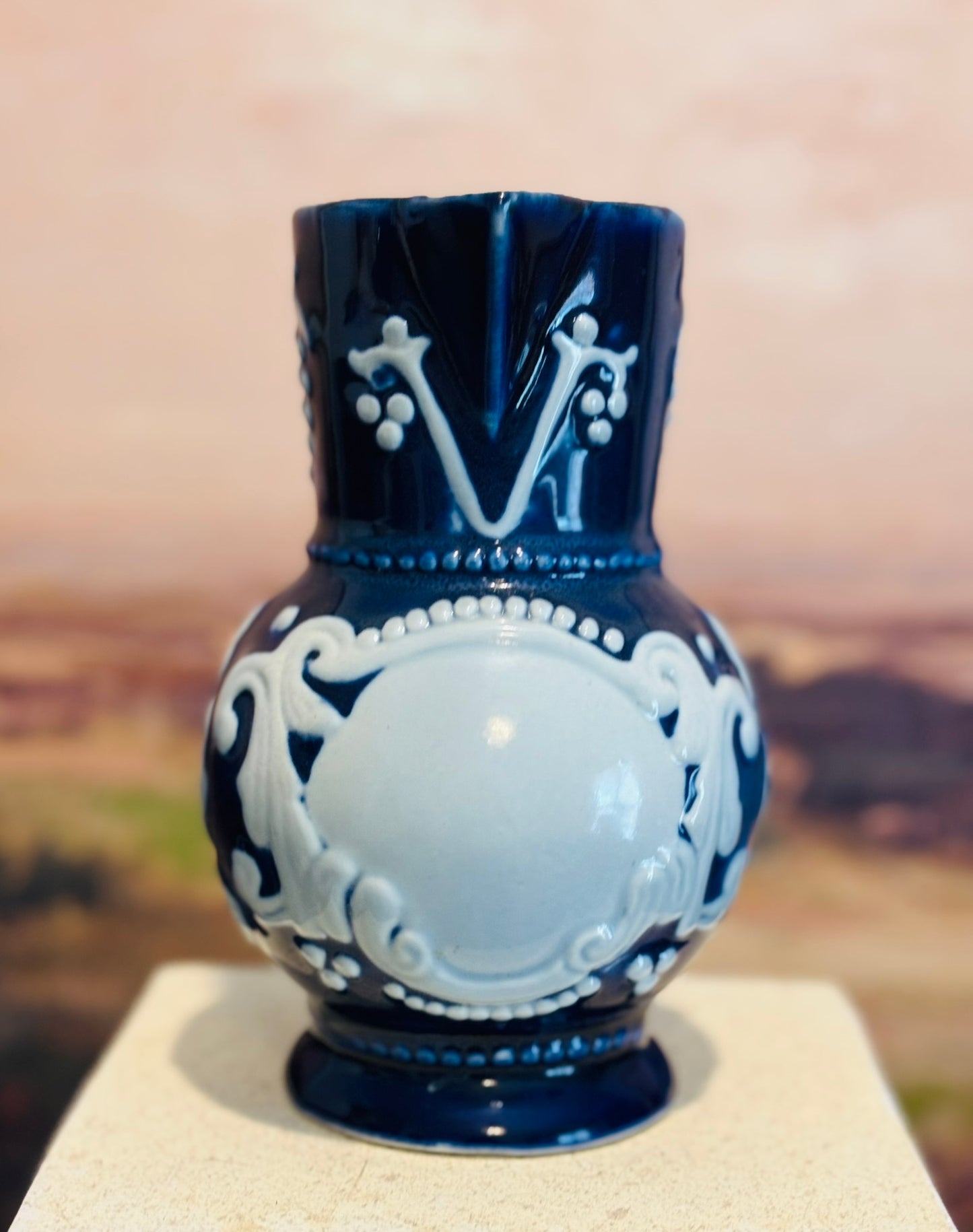 Blue Stoneware Exclusil Chamart France pitcher 7 h 6.5 d 4.5 w