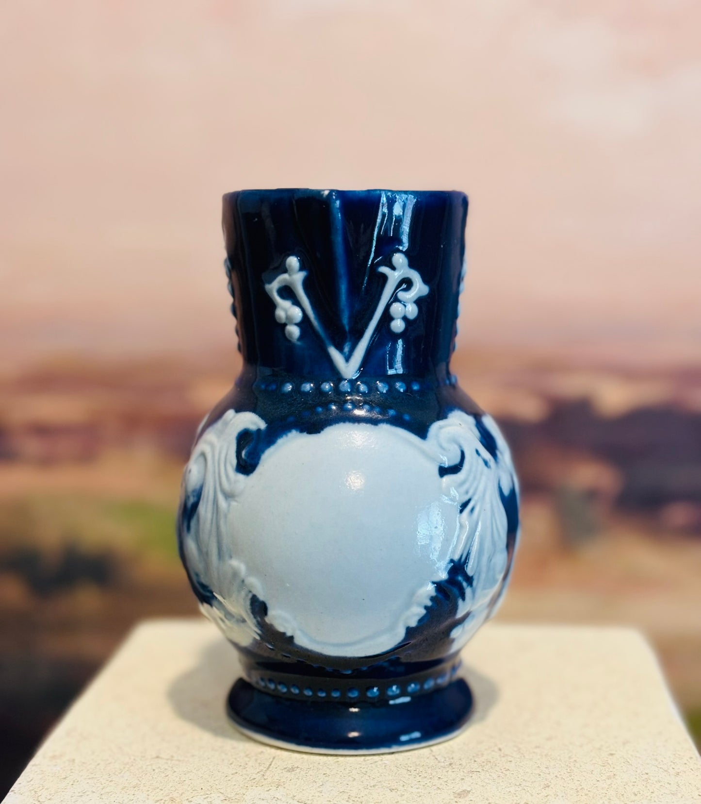 Blue Stoneware Exclusil Chamart France pitcher 5.25 h/d 3.25 w