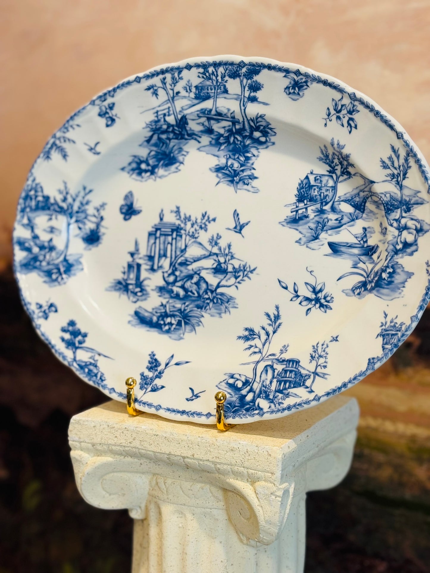 Blue and white china toile farm platter 12.75 w 9.75 h 1.25 d