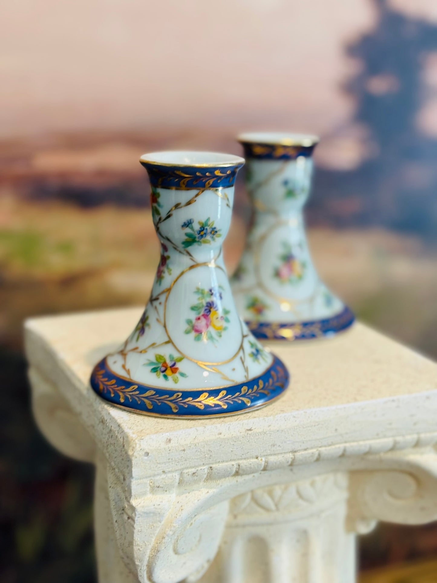 Pair of Floral Bone China Candlesticks 3.25 w 3.5 h