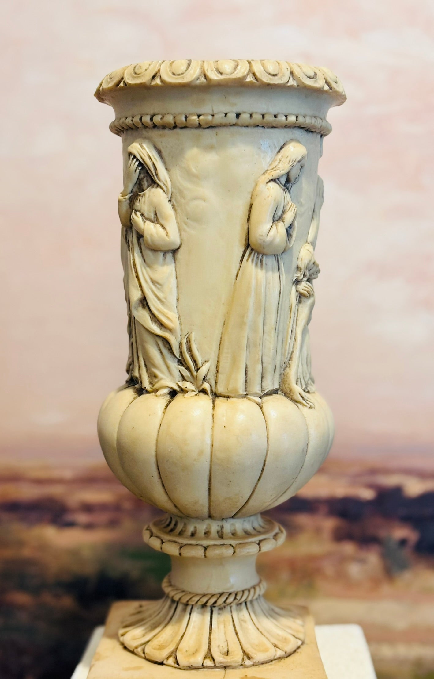 Cream Relief Urn Pieta deep carved figurals 12 h 5 w/d