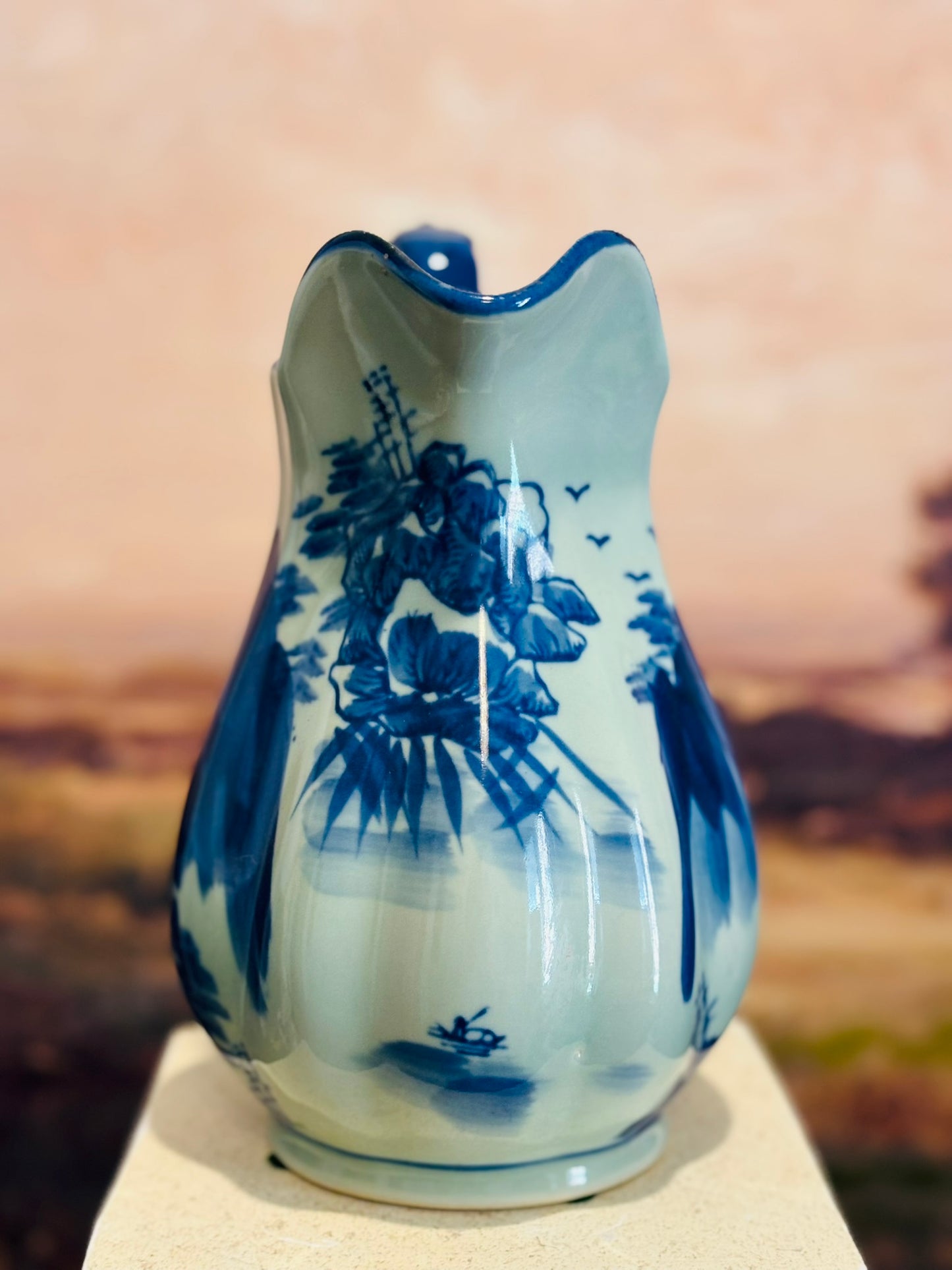 Blue and white asian pitcher flow blue style-no markings 9 h 7 d 5.5 w