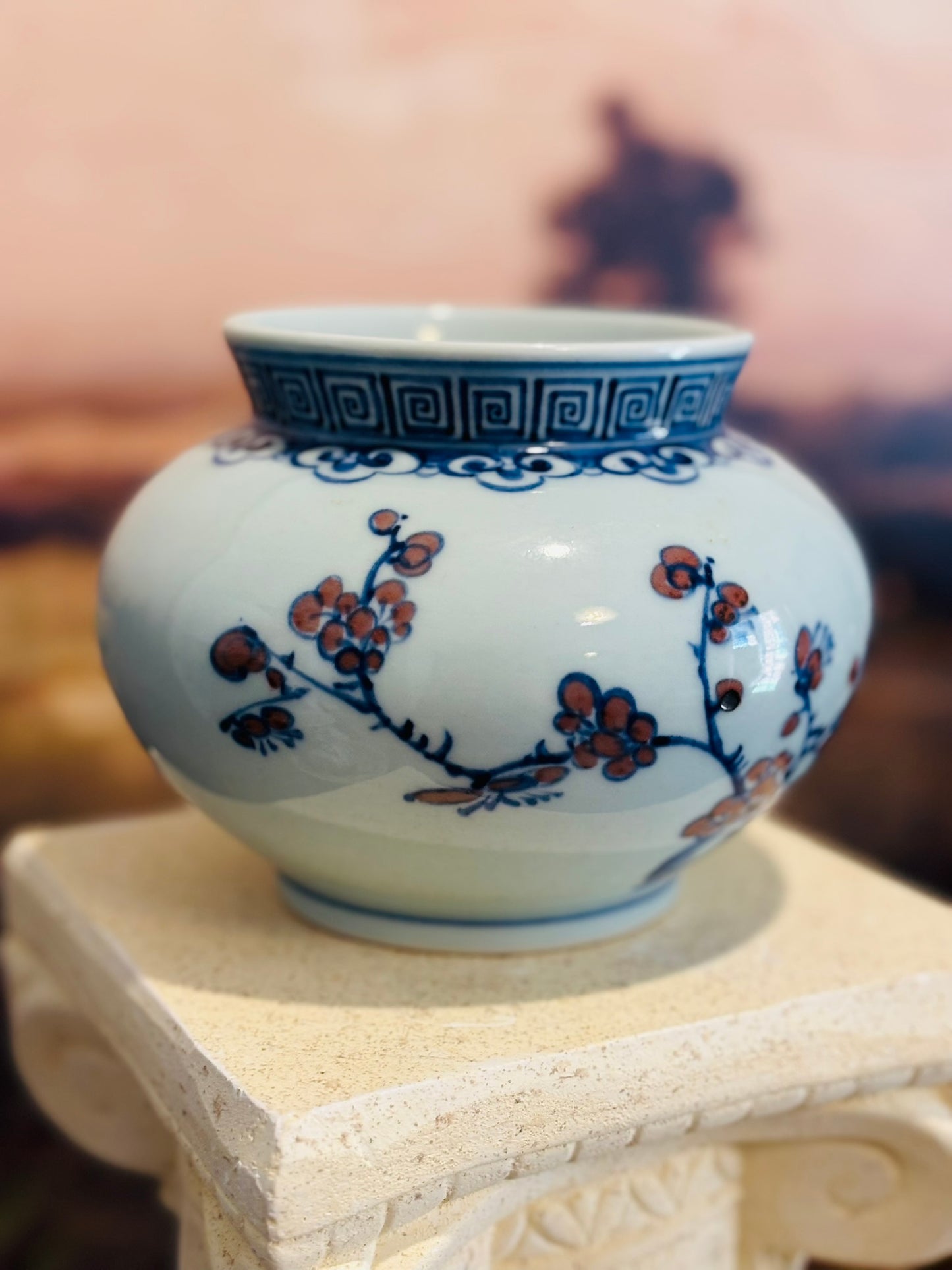 Qing Dynasty Blue and white round vase with cherry blossoms stamped on bottom 6 w/d 4.5 h