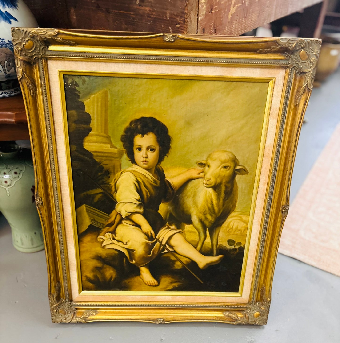 Oil painting of boy and lamb 21.5 x 25.5 x 1.5