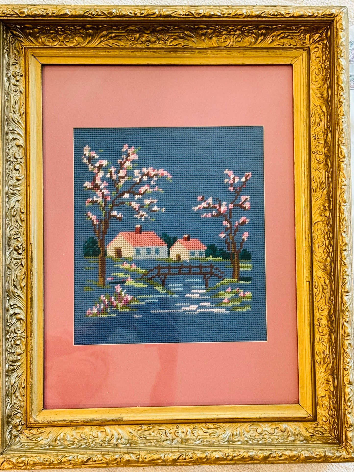 Beautiful Framed Farm Needlepoint 16 x 20