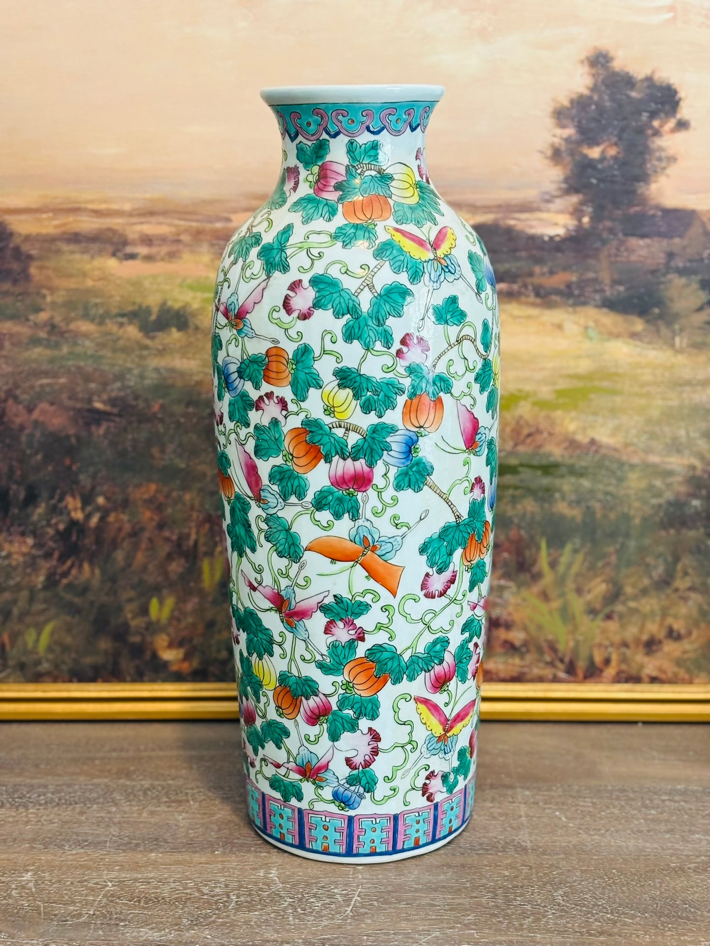 Tall Chinoiserie Vase Rose Famille 18 x 7