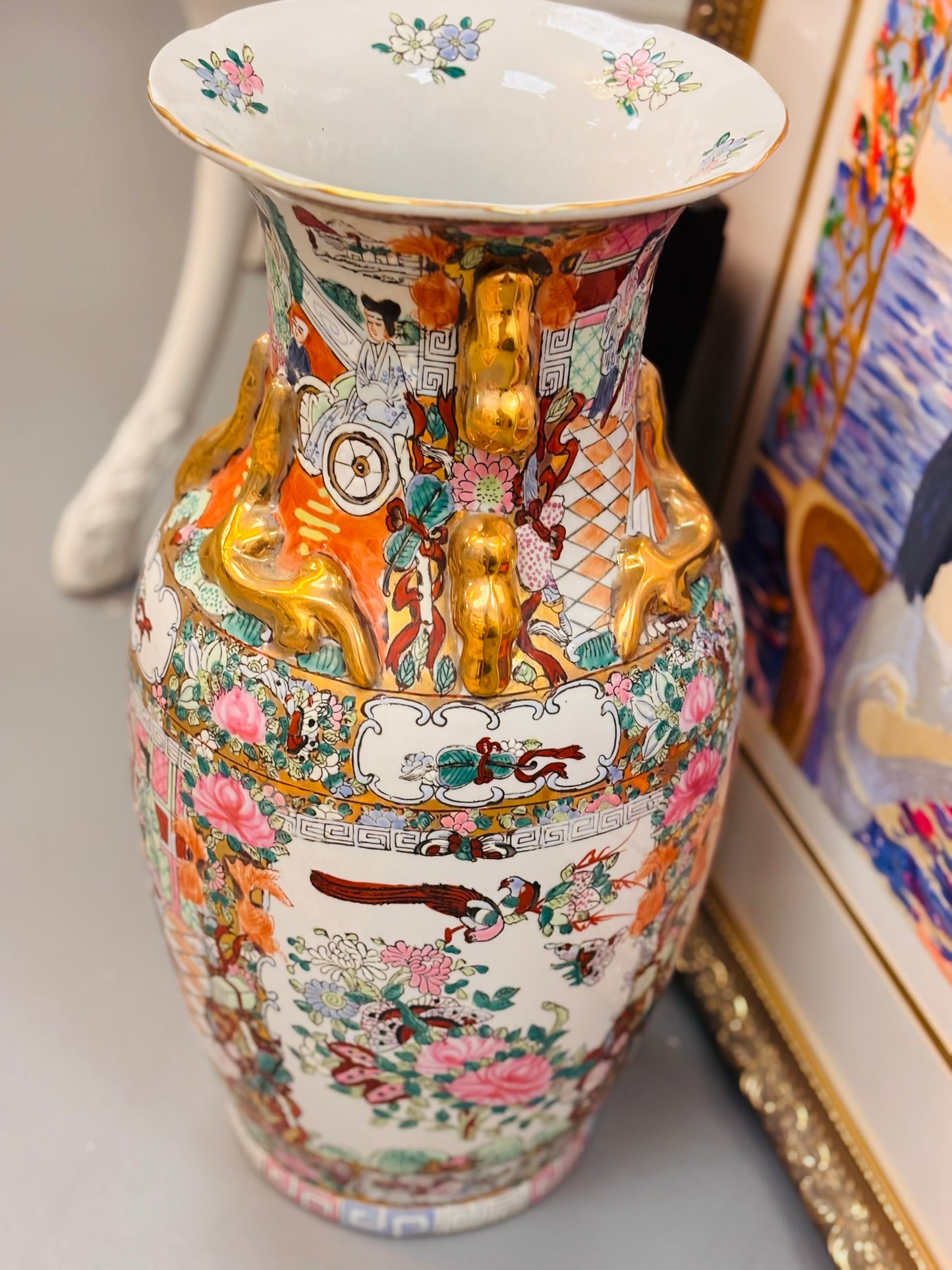 Huge rose medallion floor vase 17.5 h