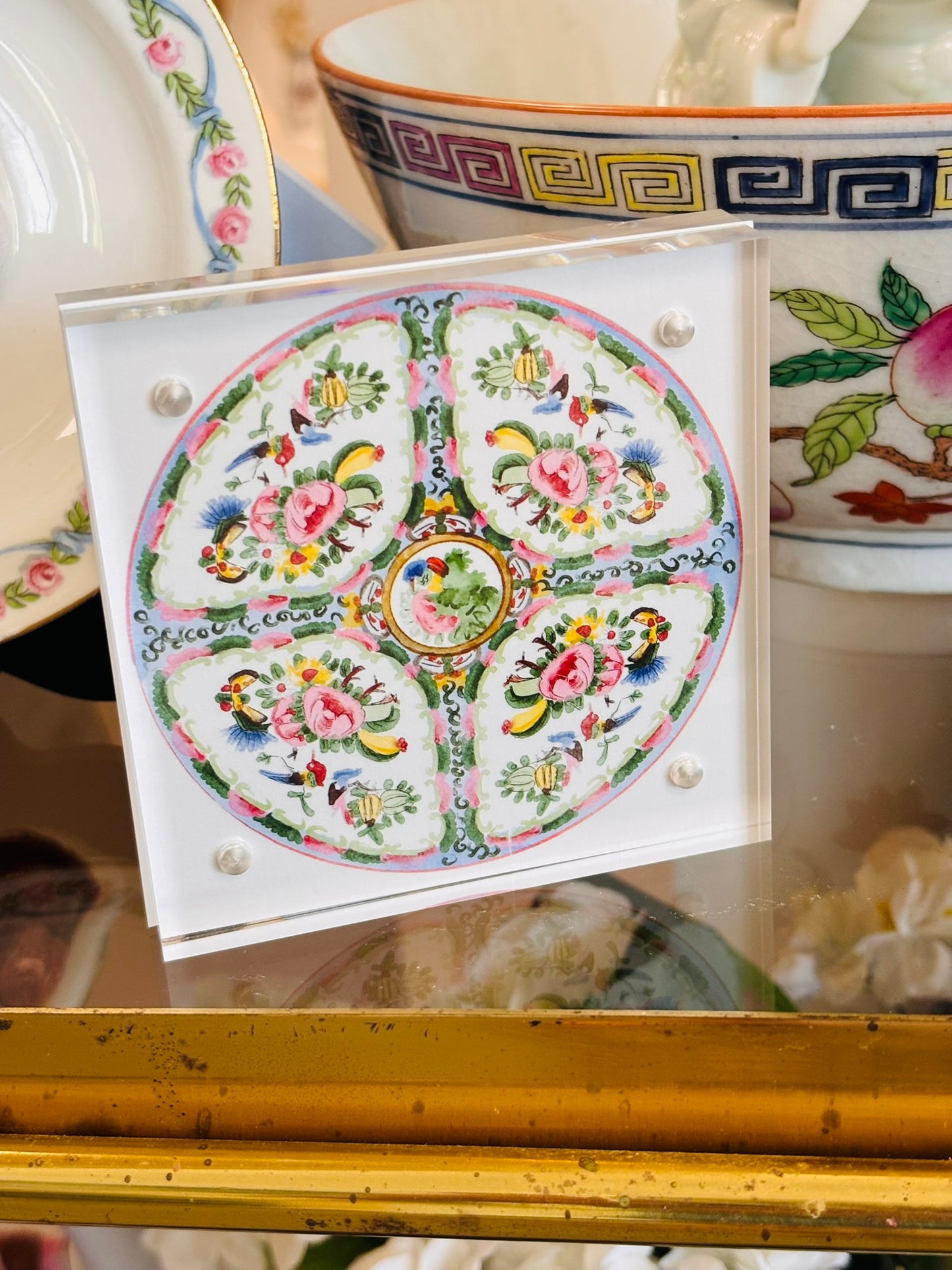 Original Rose Medallion Watercolor in Acrylic Frame 4 w