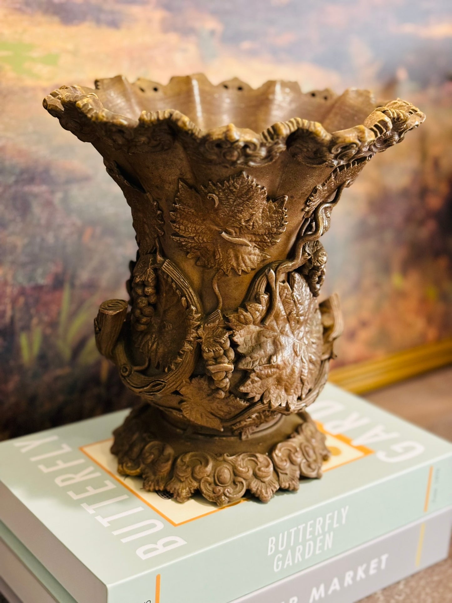 19th Century France Brown Salt Vase with Applied Fruit Vine Decoration