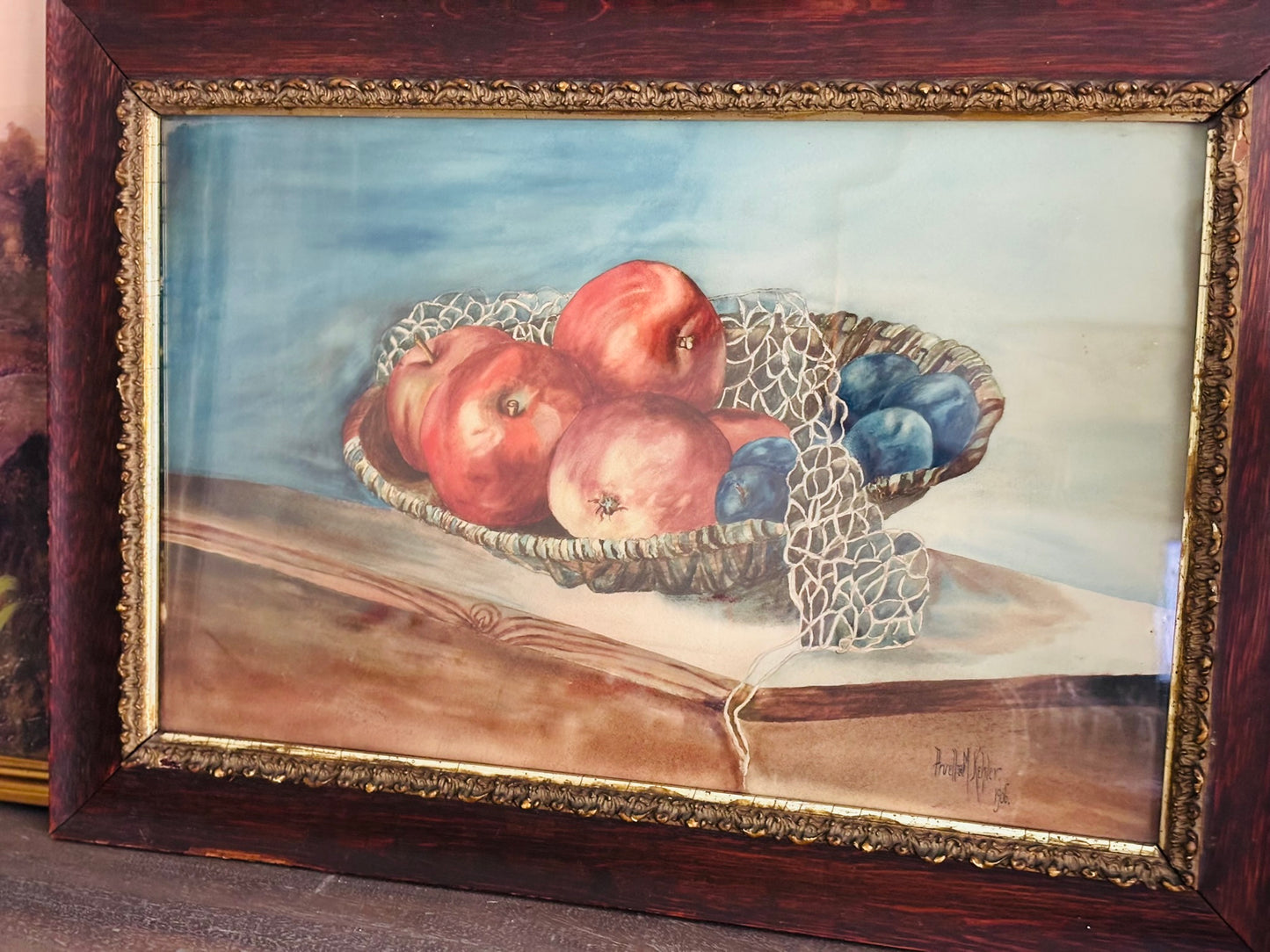 Signed and dated Apples and Blueberries Watercolor 19 h 27 w 1.25 d