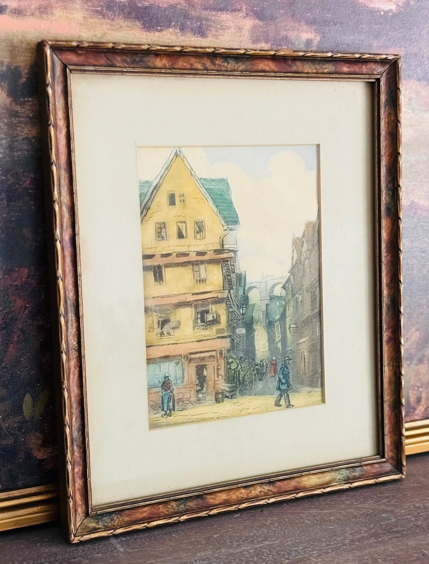 Framed scene etching 11 w 13 h .5 d