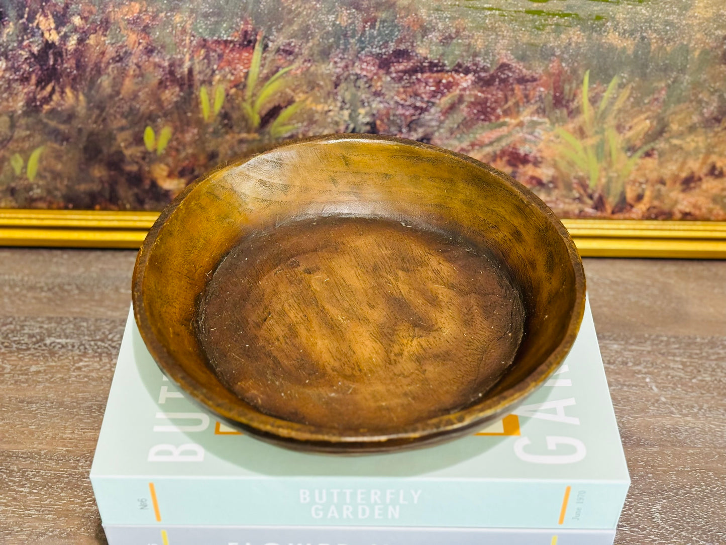 Antique Indian wooden fruit bowl primitive heavy wood bowl 9.5 w x 2 h