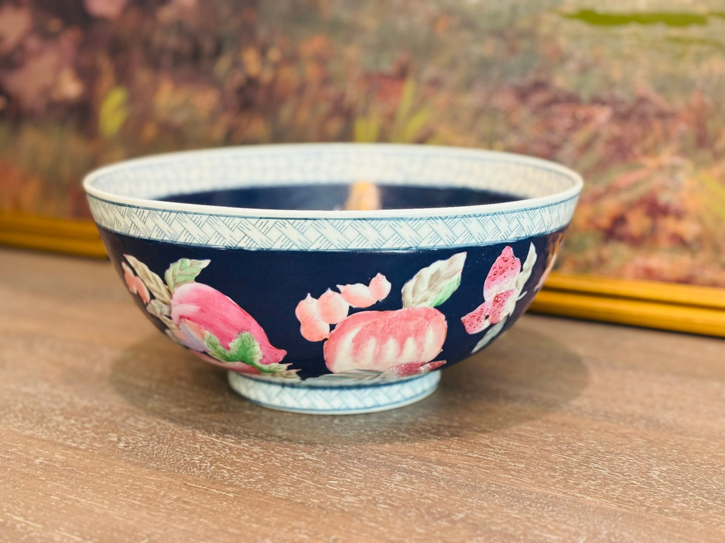 Large Navy Blue and Pink Bowl floral 10 w x 4.5 h