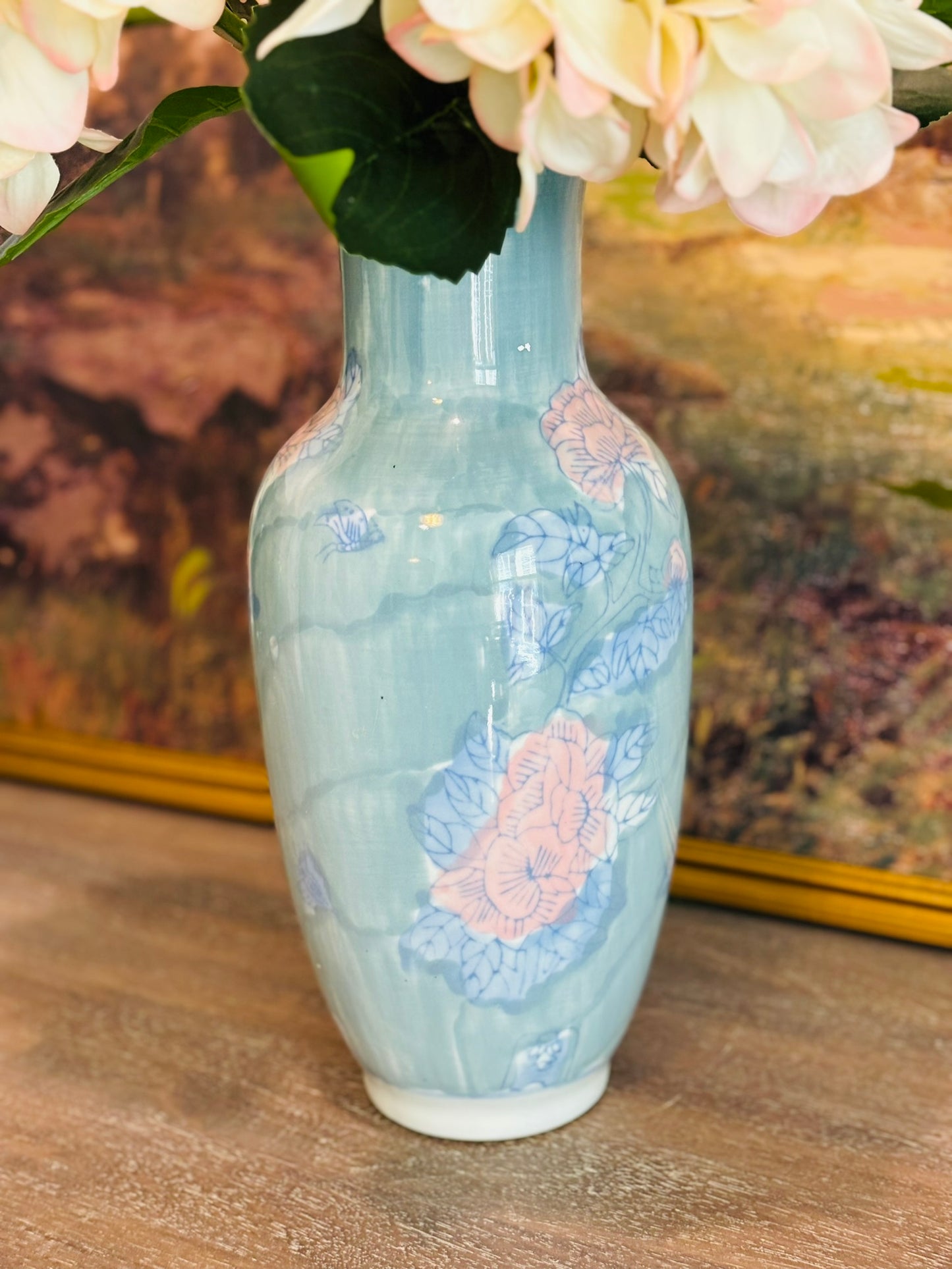 Tall blue, green and pink pastel vintage chinese vase 14 h