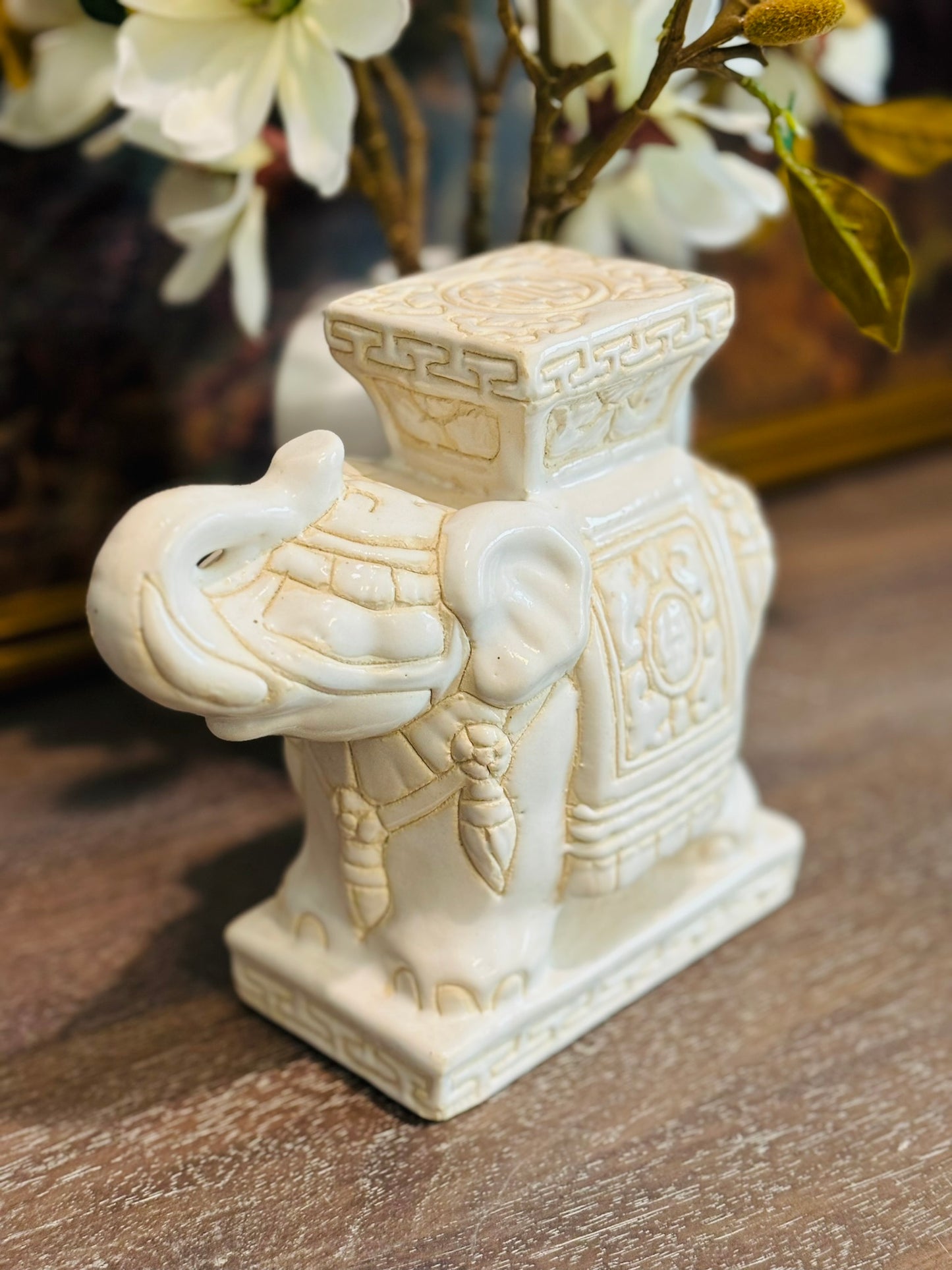 Hollywood Regency Chinoiserie Mini Elephant Statue 8 l x 6.5 h x 3.5 w