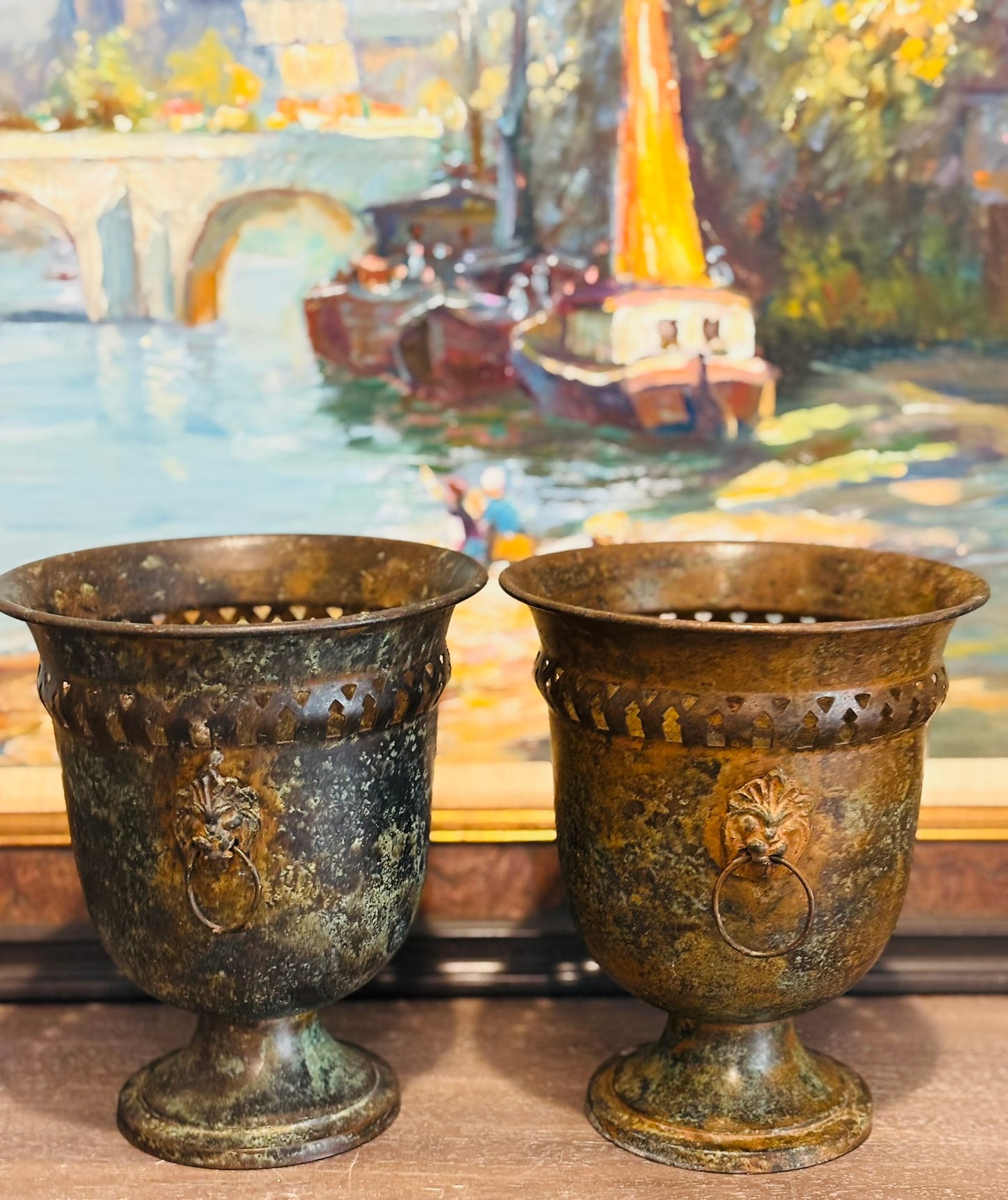 Pair of Patina Metal Lion Urns 6.25 w x 7.5 h each