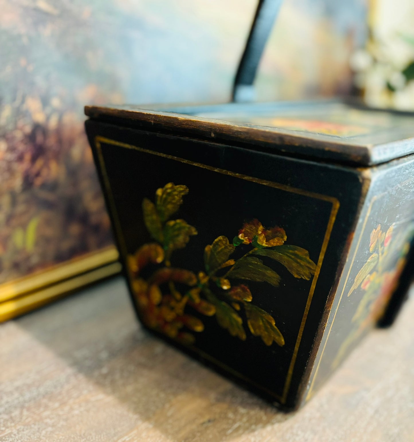 Antique 1800s Hand Painted Chinese Rice Basket 15.5 l x 8 w x 7.25 h (15 2 handle)