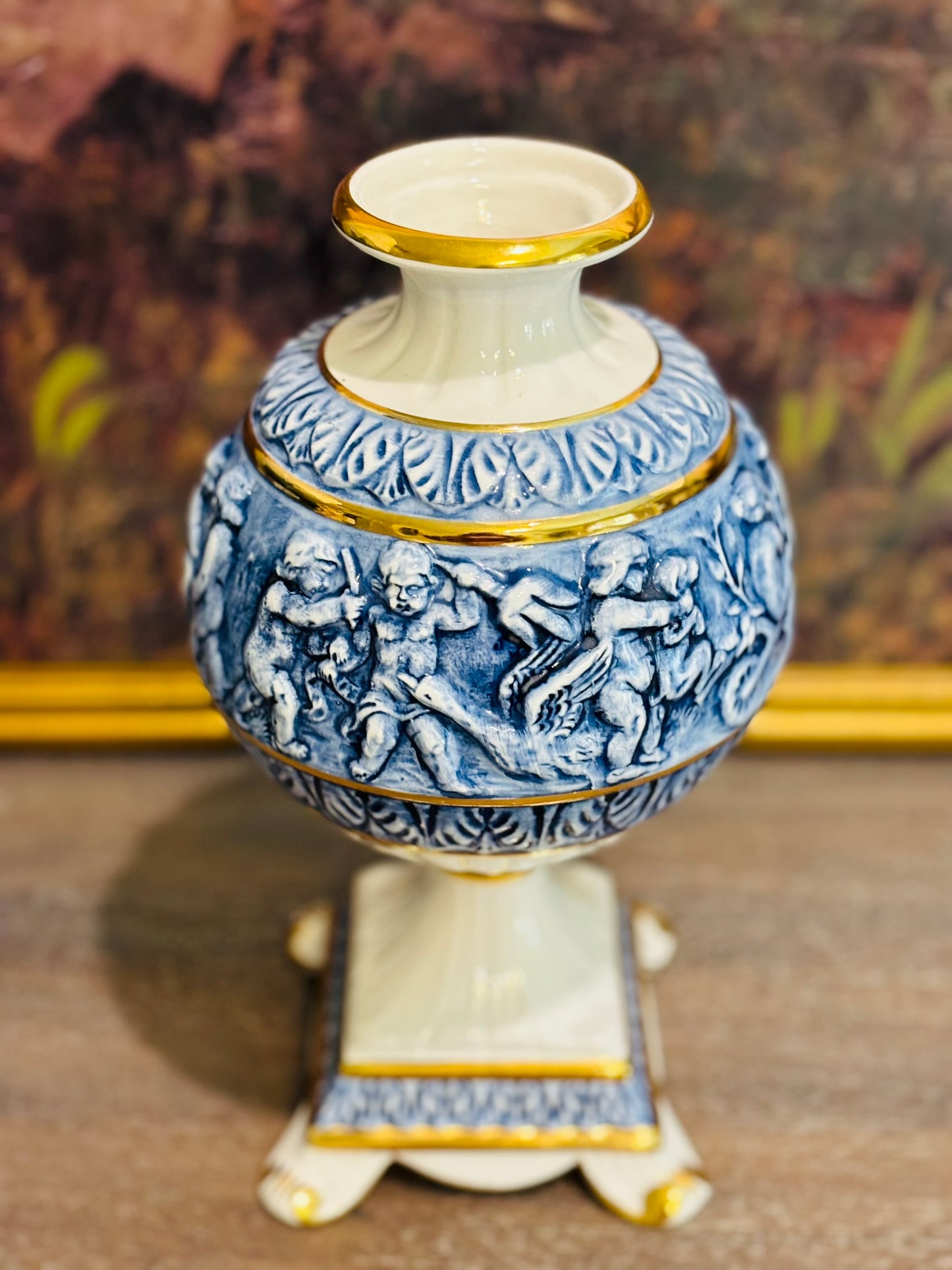 Blue, white and gold cherub capidomote vase Paul's 285/502 Italy 10 h x 6 w
