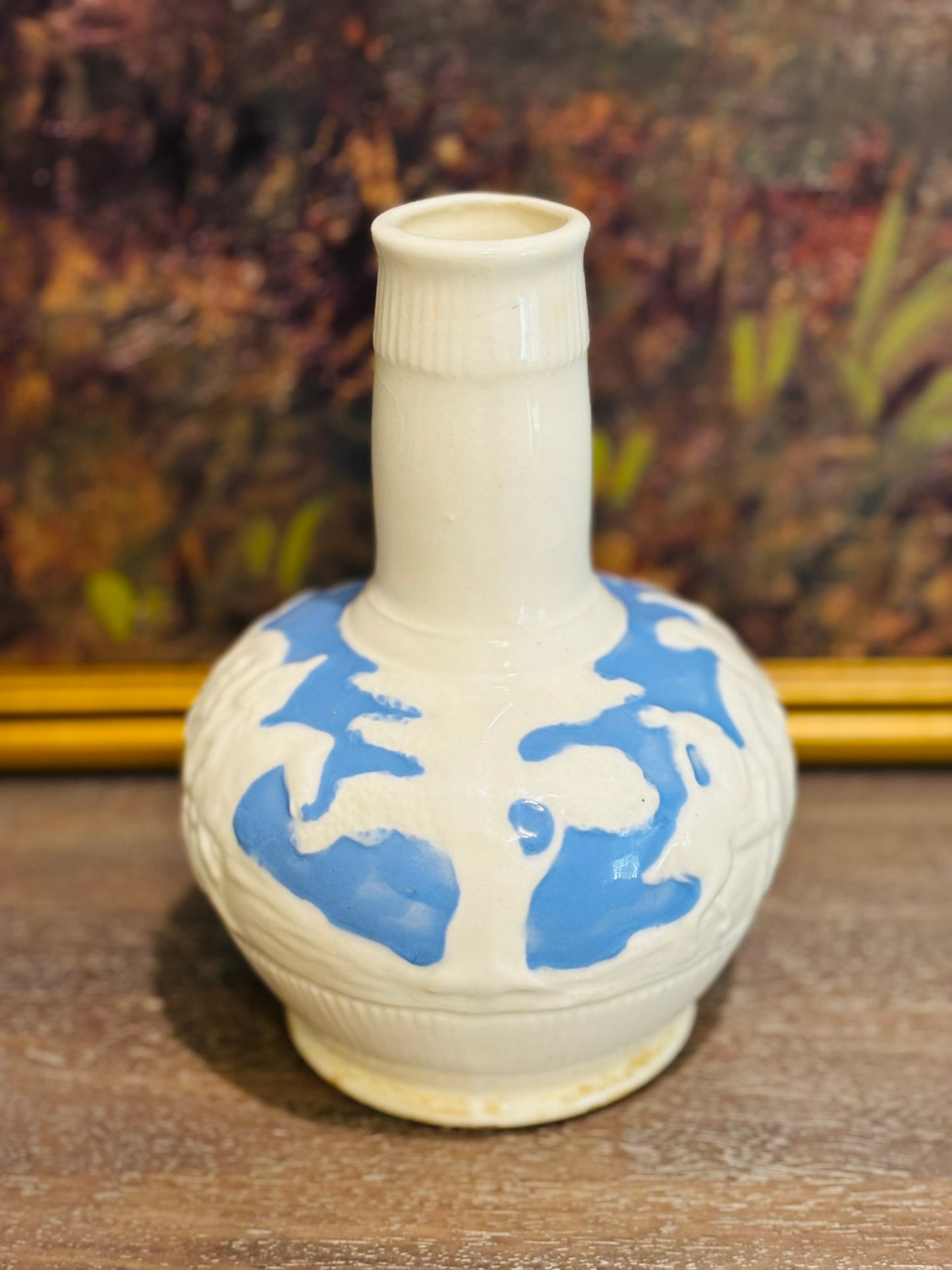 Blue and white jug with handle 4 w/d 6 h