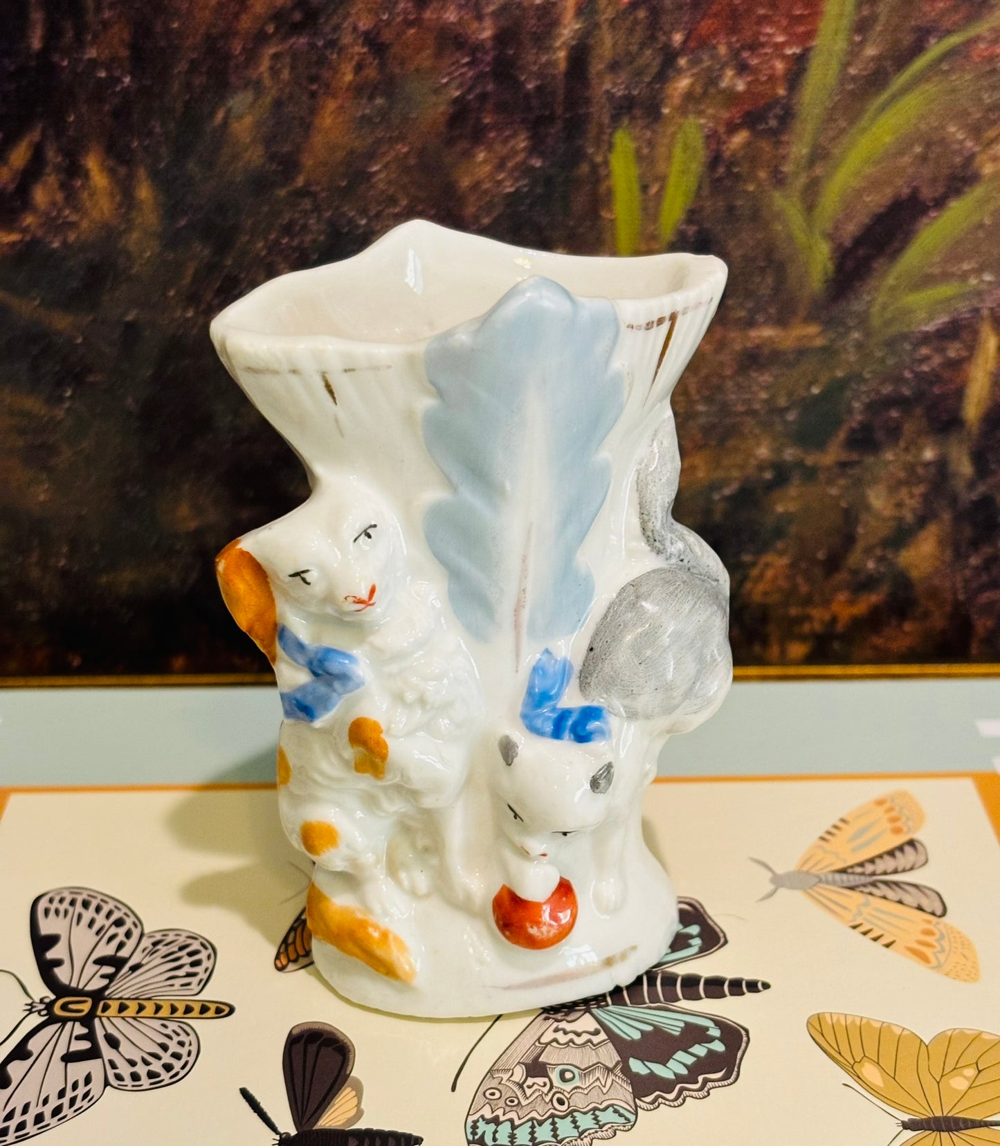 Antique Porcelain Cavalier King Charles spaniel with cat 3.75 h x 2.5 w