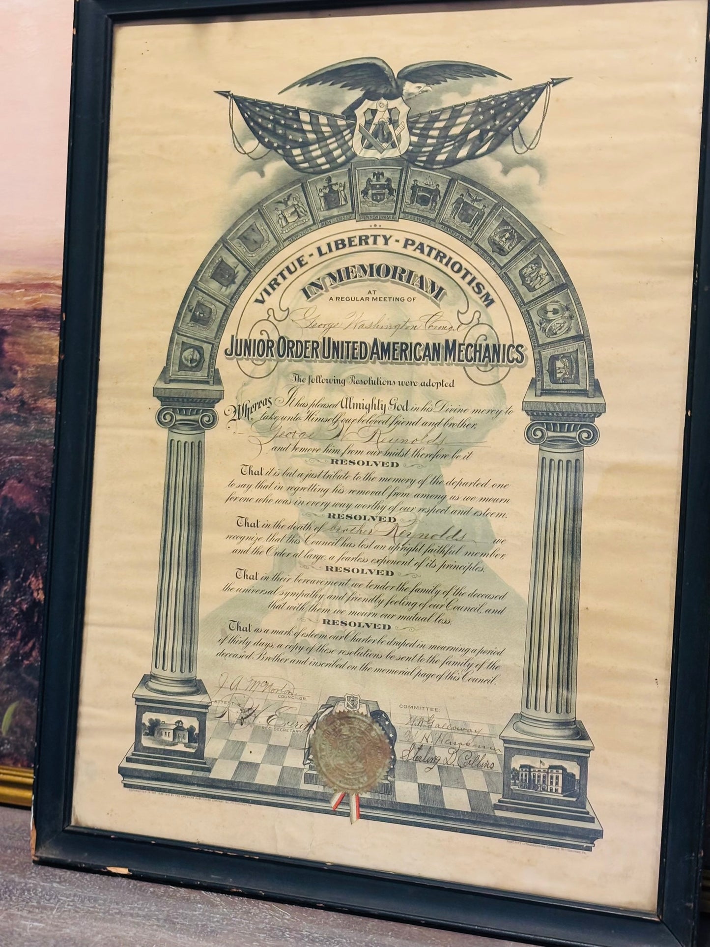 Framed "Mechanics" Masonic Print 17.5 w 23.5 l .75 h
