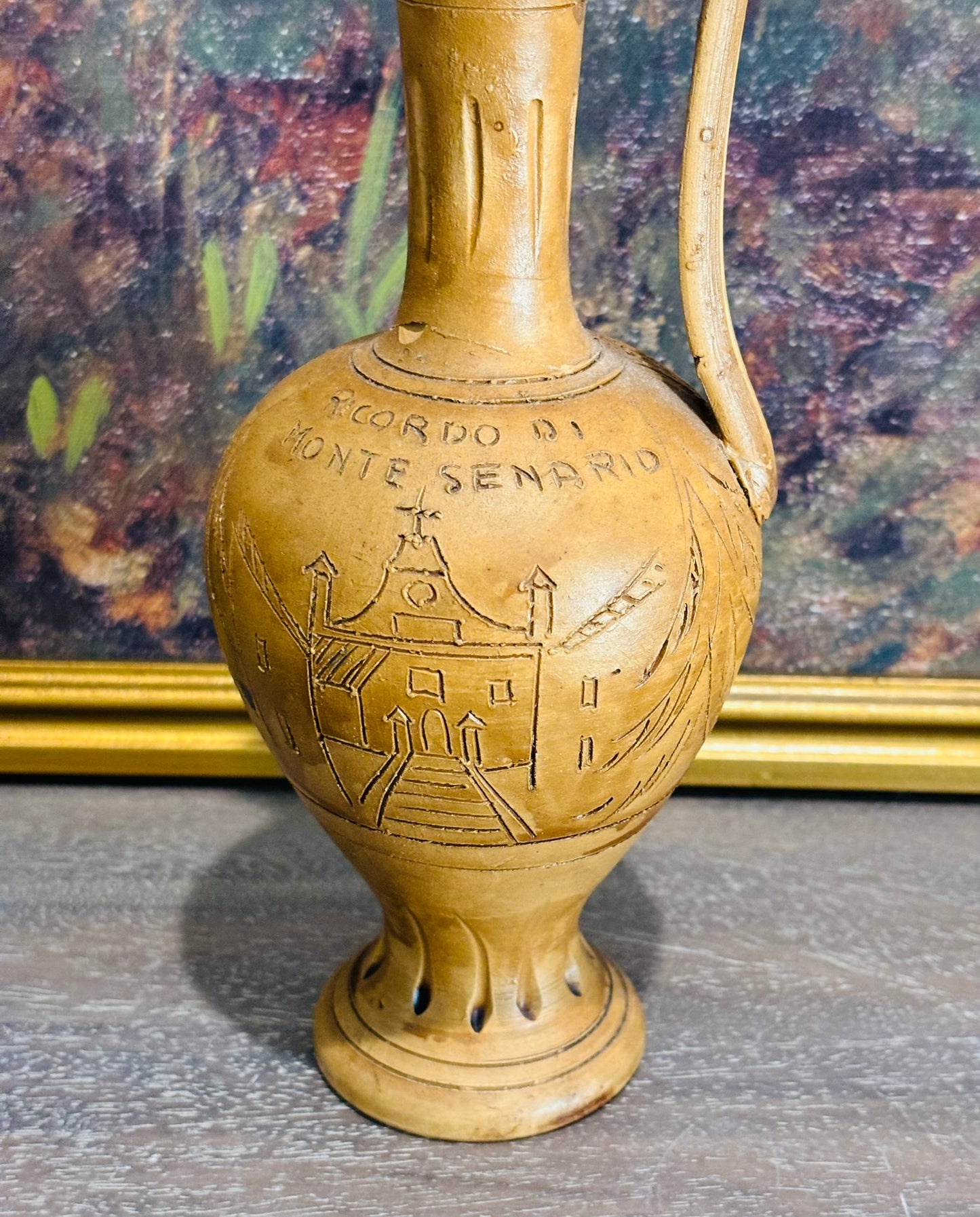 Clay pitcher 9.5 h with engraving Ricardo Di Monte Senario 4.25 d