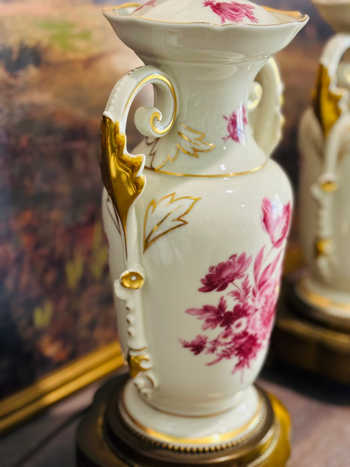 Pair of 2 White and Pink Victorian lamps 25.5 to top of harp (not finial)