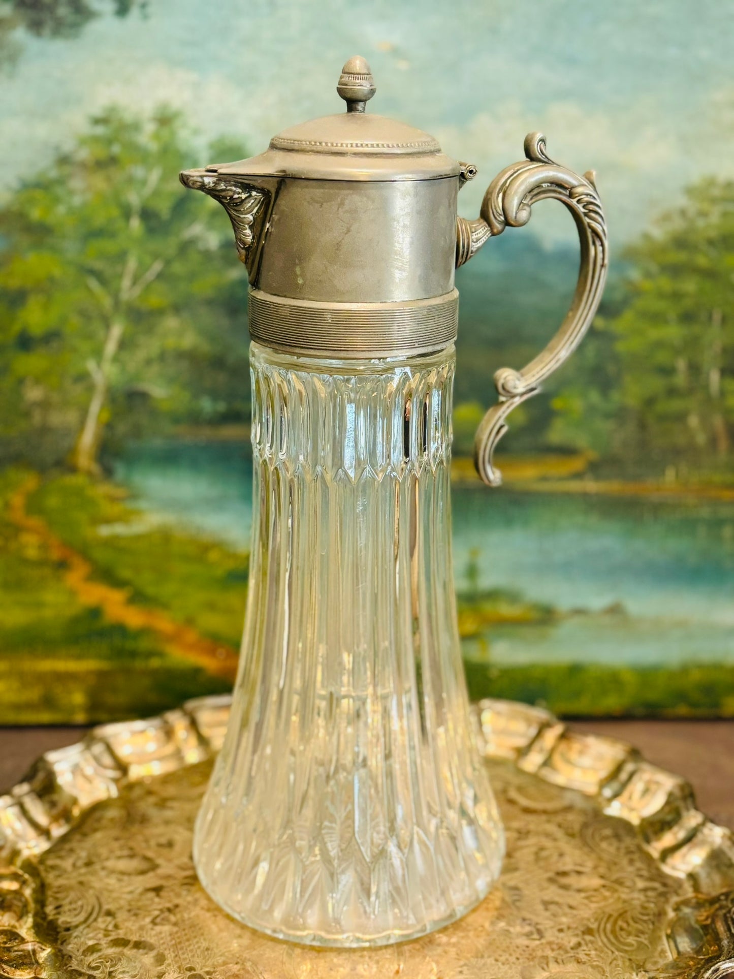 Tall pewter pressed glass FB Rogers 2 qt pitcher 14 inches x 6 w