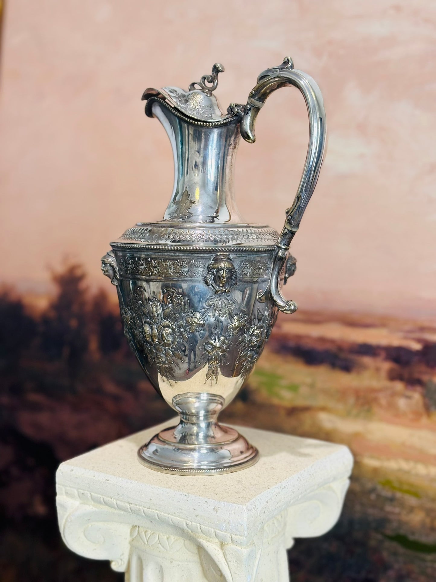 Victorian silver-plated presentation ewer with figural masks & floral repoussé 10 h x 5.25 d