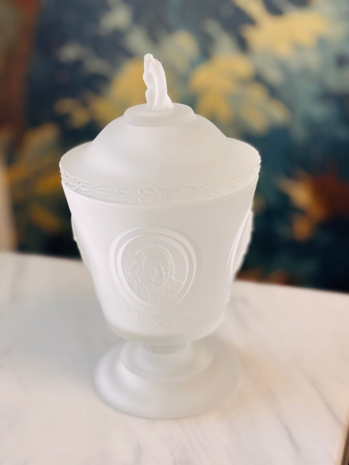 Vintage Frosted Glass Presidential Covered Dish with Eagle Finial – 7.5"