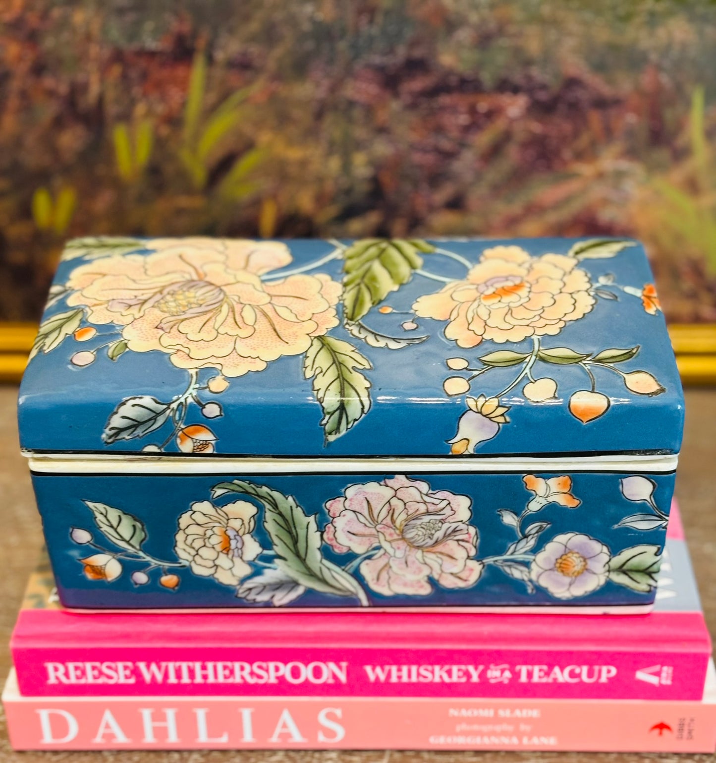 Hand painted macau blue box 8.25 x 4.25 x 3.75