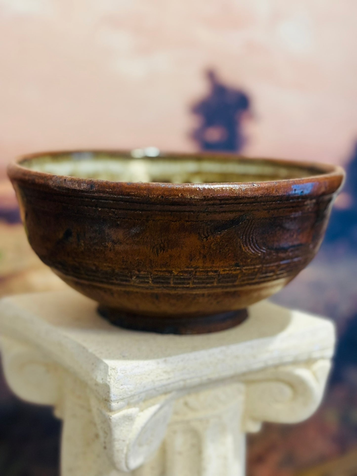 Brown glaze pottery pedestal bowl 8 w/d 4 h