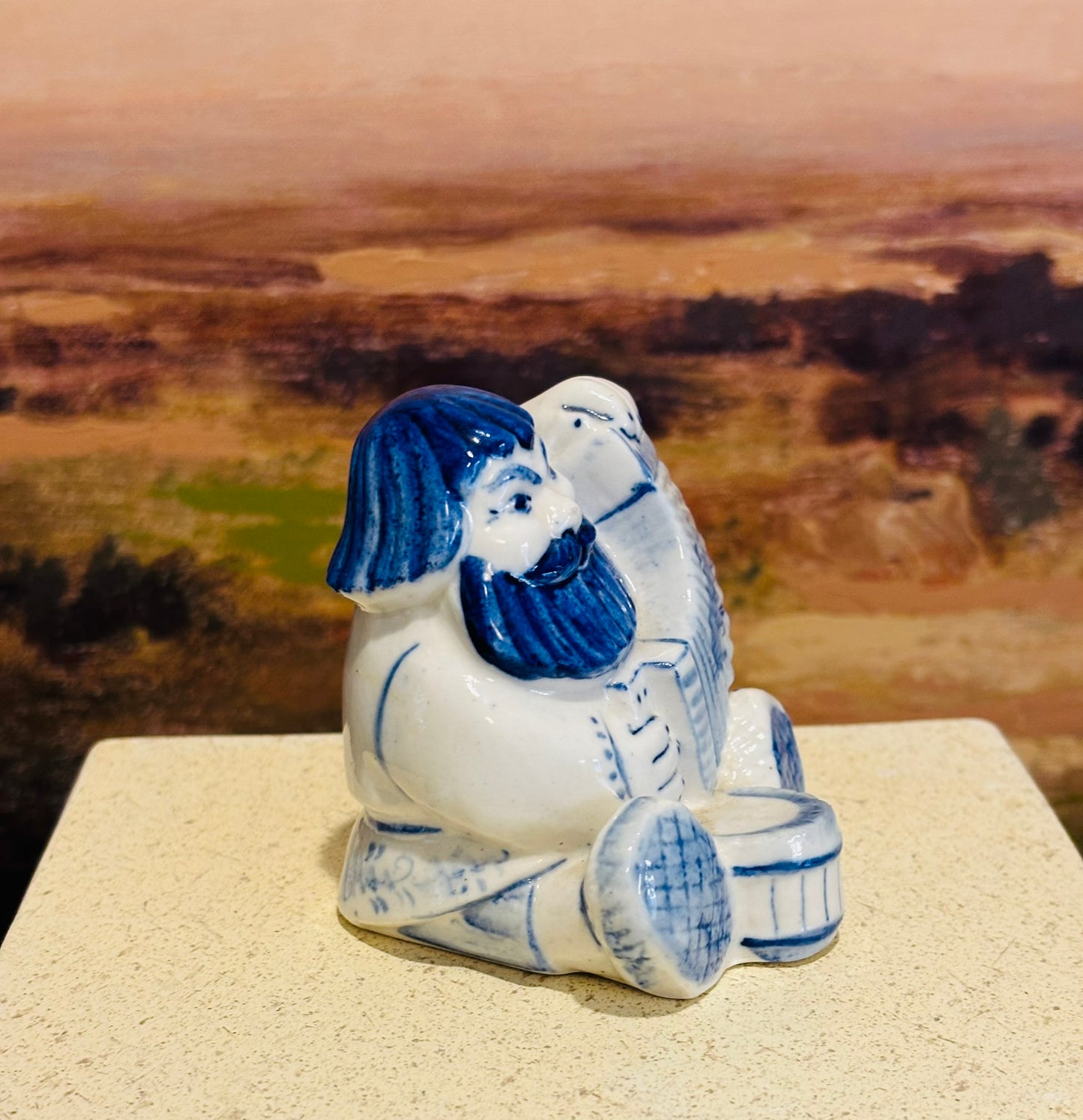 Gzhel hand painted russian man blue and white figurine accordion