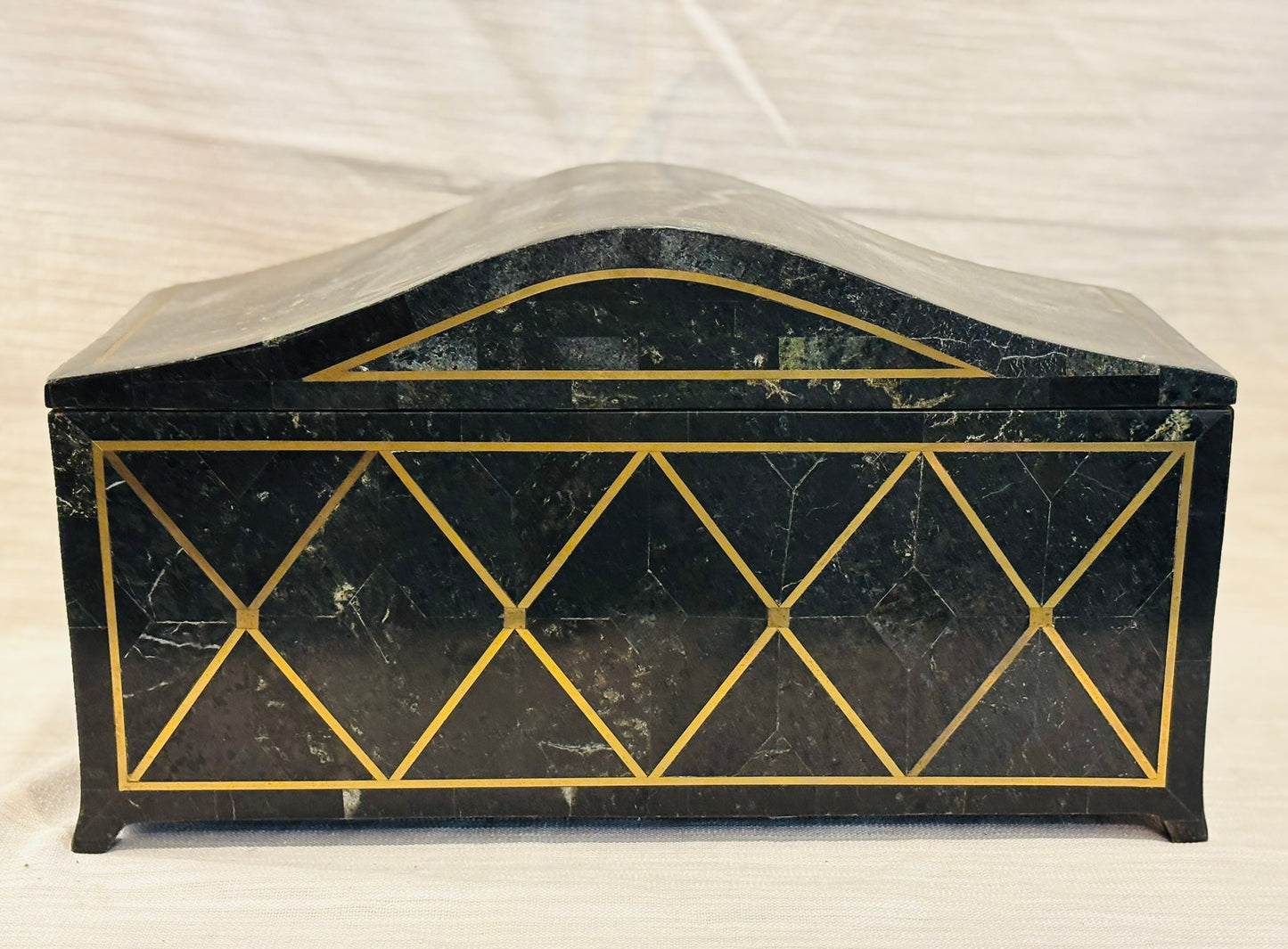 Black marble and gold inlay box with key/ wood and black velvet interior 16 l x 6.5 w x 7 h