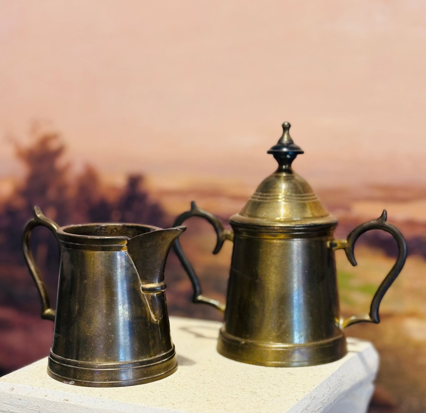 Vintage Brass Teapot set with sugar and creamer 9 h 7.5 w 3.5d pot, sugar 5 h 5 w 3 d, creamer 3 h 4 w 3 d