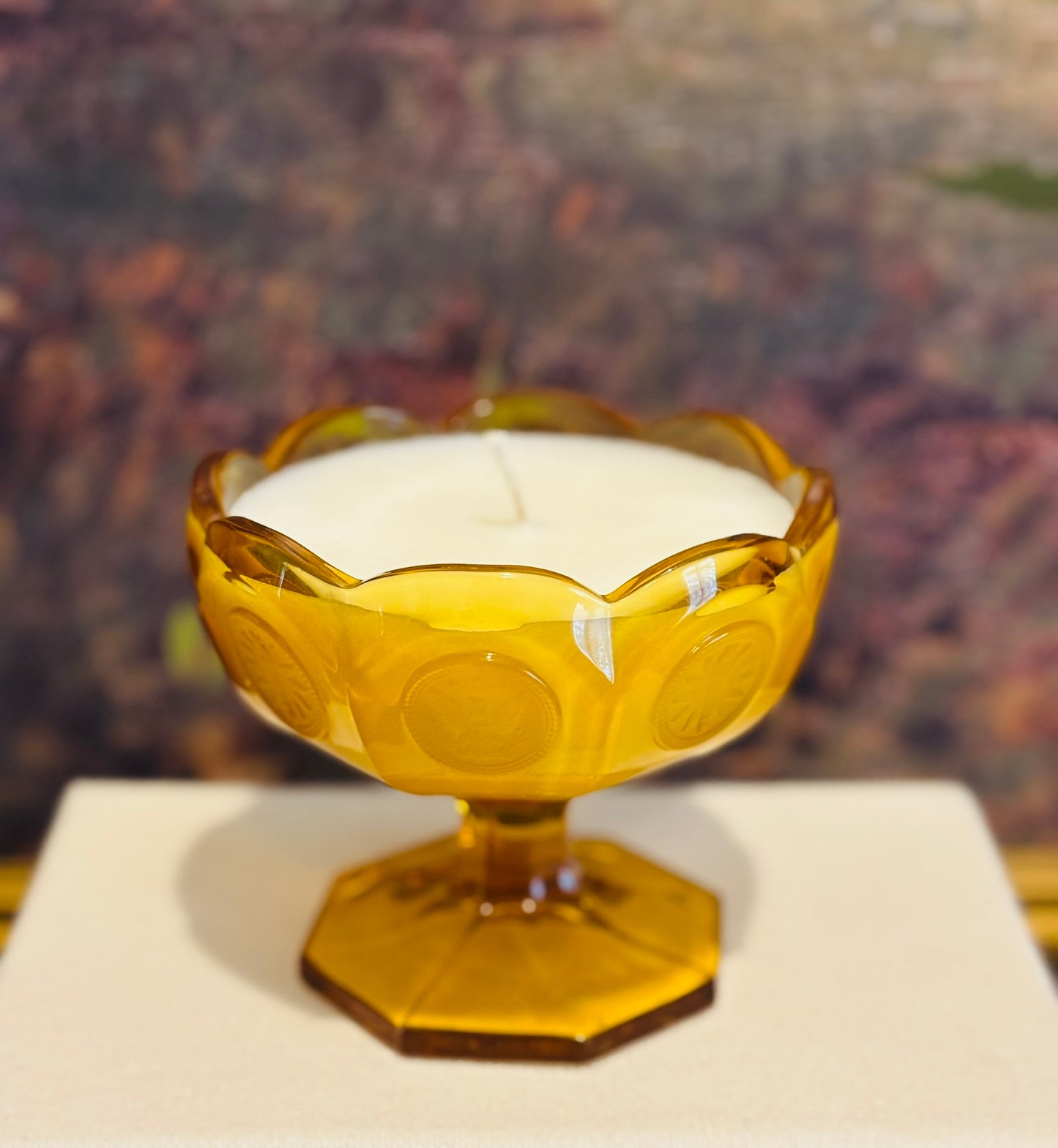 Hand poured yellow coin candle no lid 4.25 w 4 h