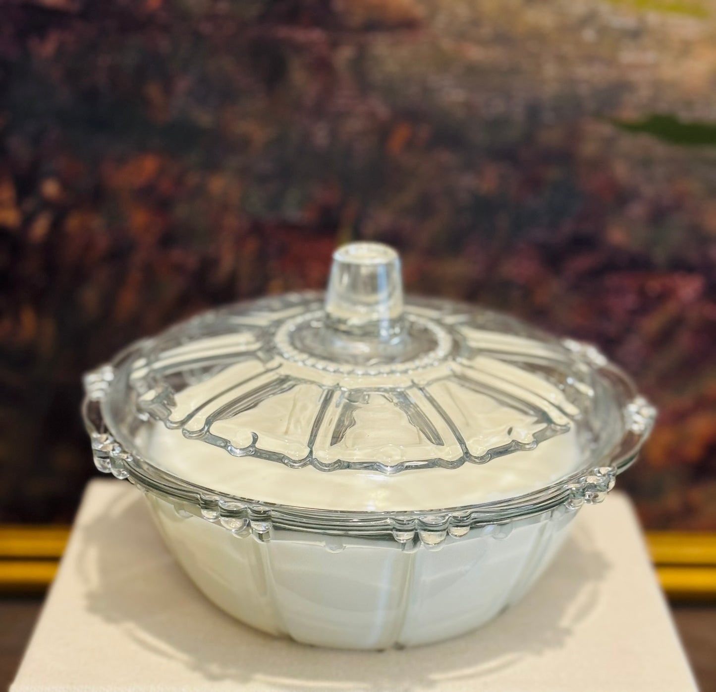 Hand Poured Round clear dish candle with lid 7 w 4.5 h
