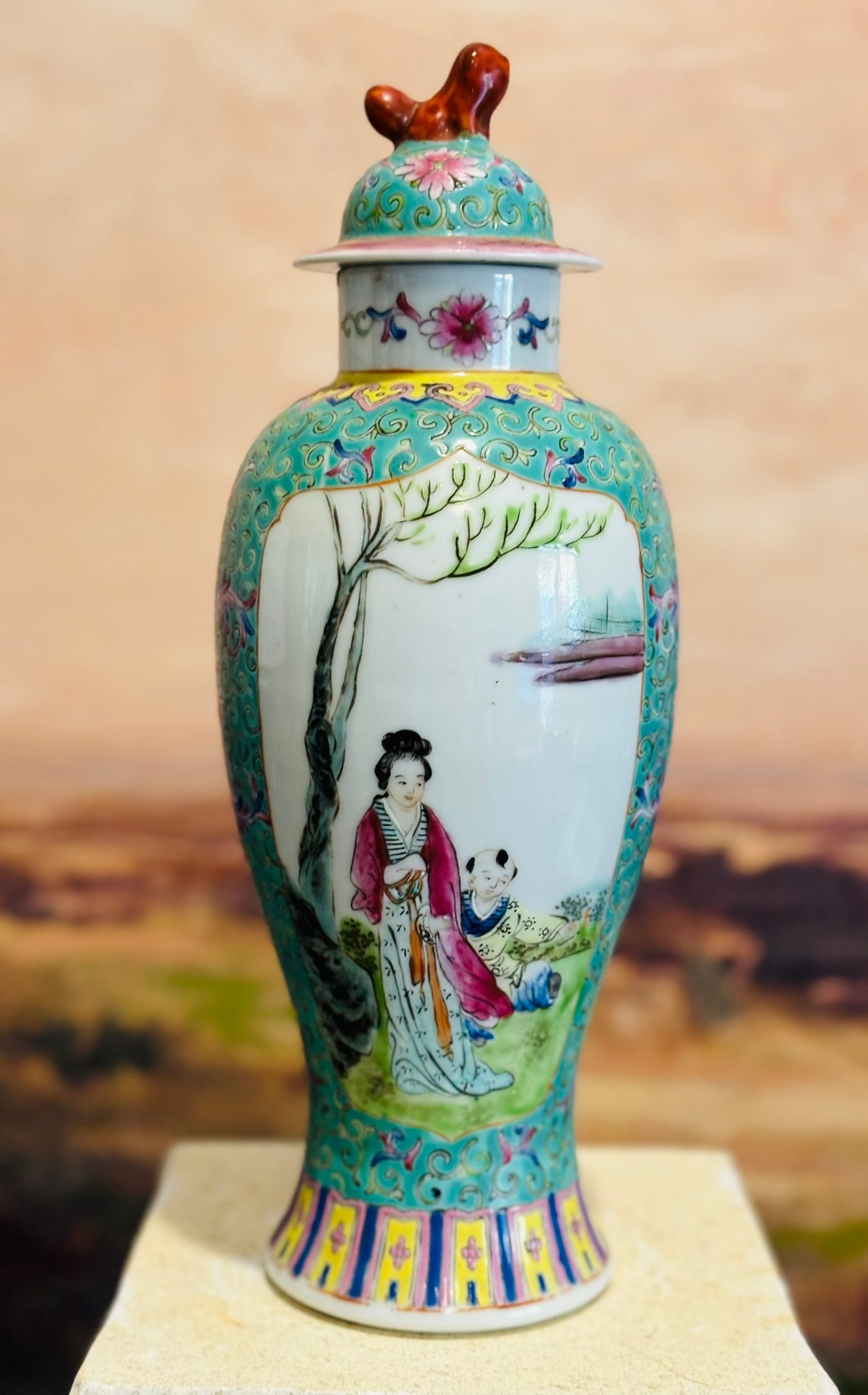 Mint green chinoiserie ginger jar 11 x 4.5