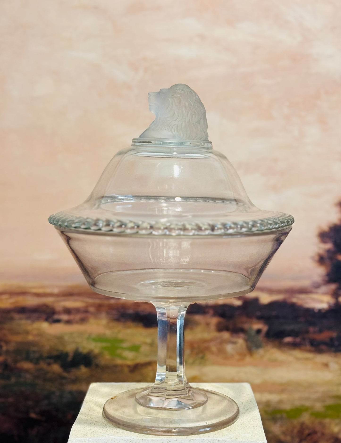 Small Glass Lion Lidded Dish 6 w x 8 h