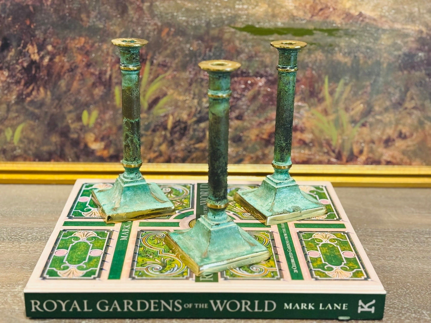 Set of 3 heavy green metal candlesticks 7 h x 2.75 w/d each
