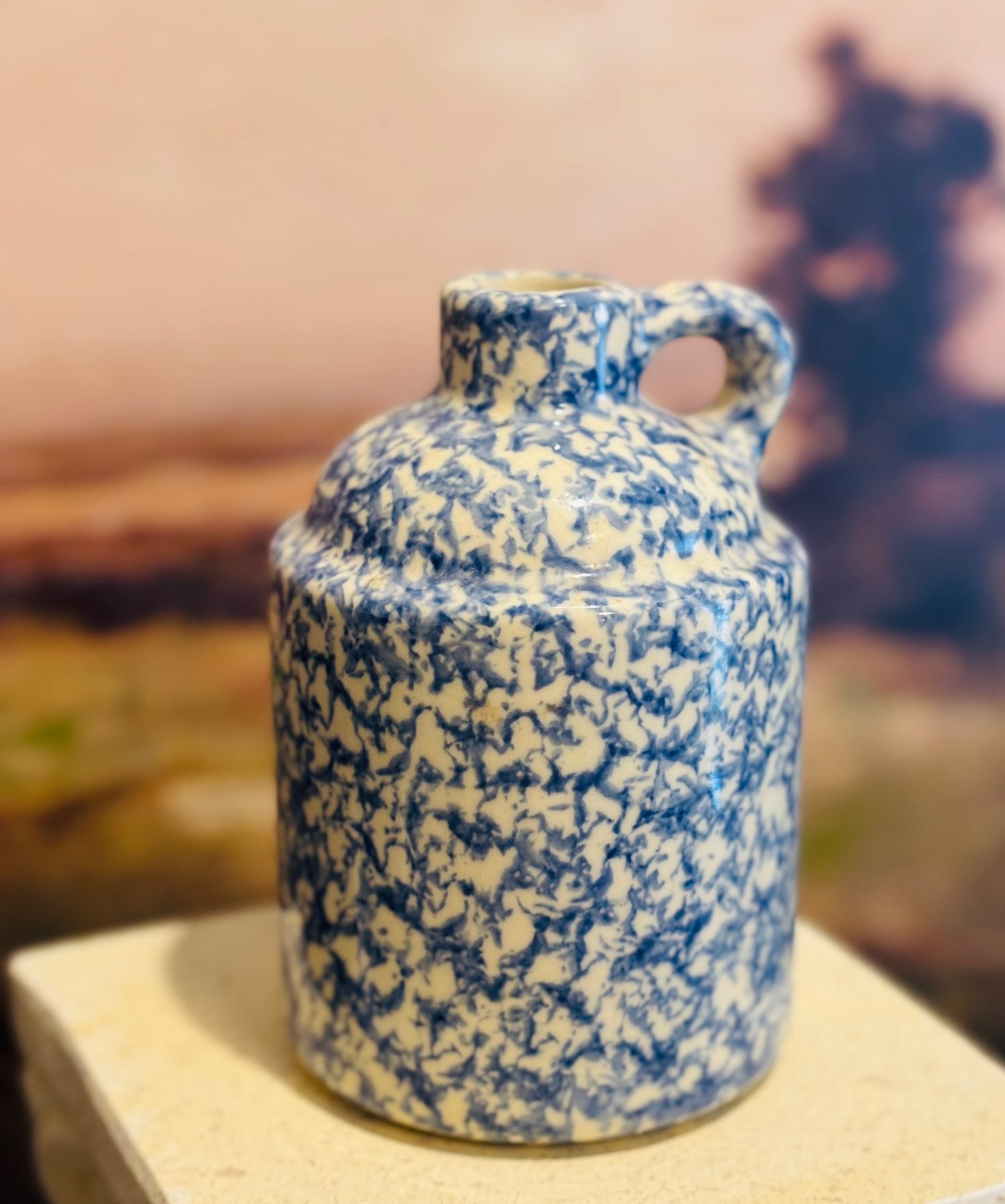 Blue and white spongeware jug with handle 4 w/d 6 h