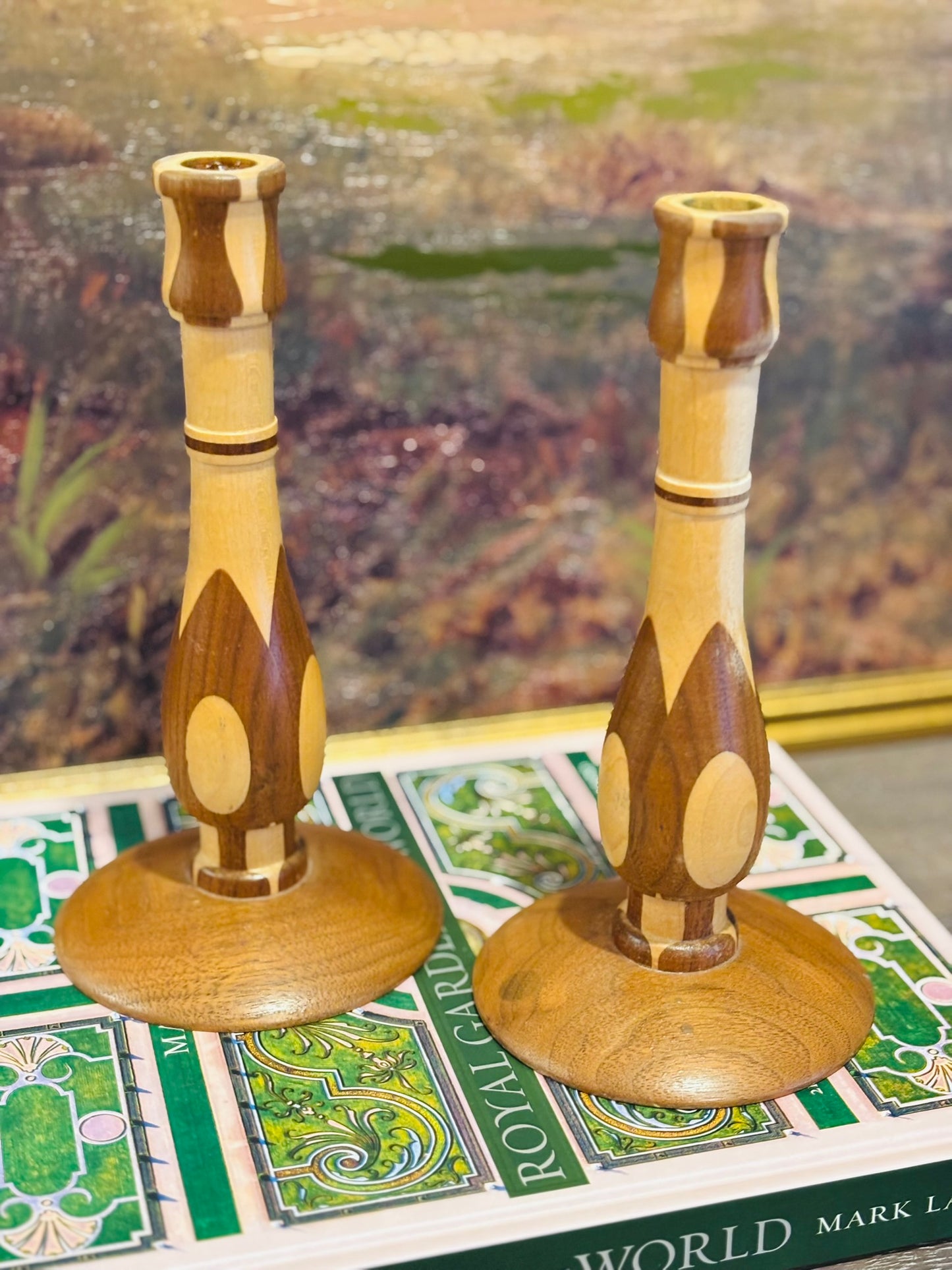 Pair of wood candlesticks 4.25 w 8.75 h each