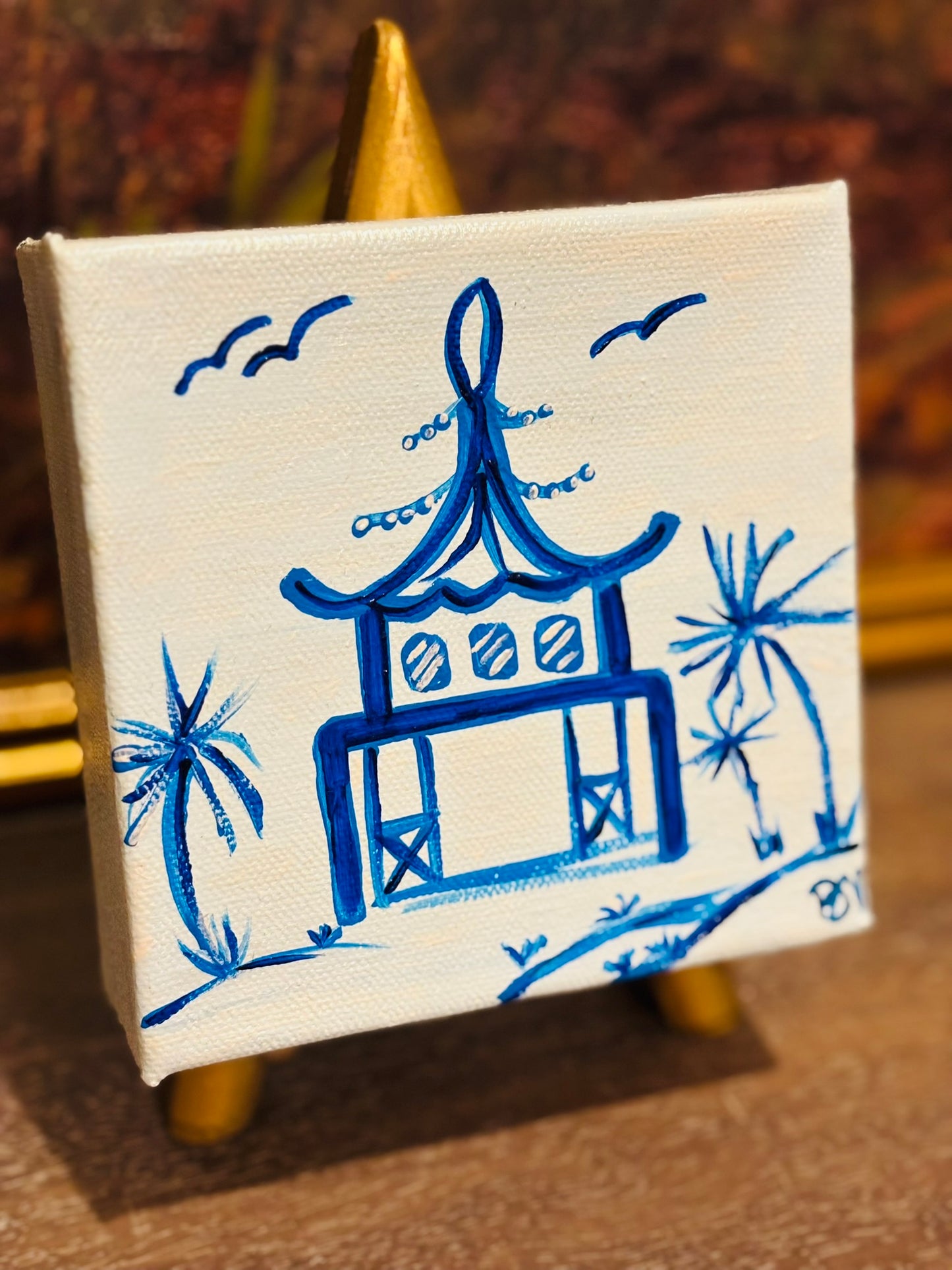 Small blue and white pagoda canvas 5 square